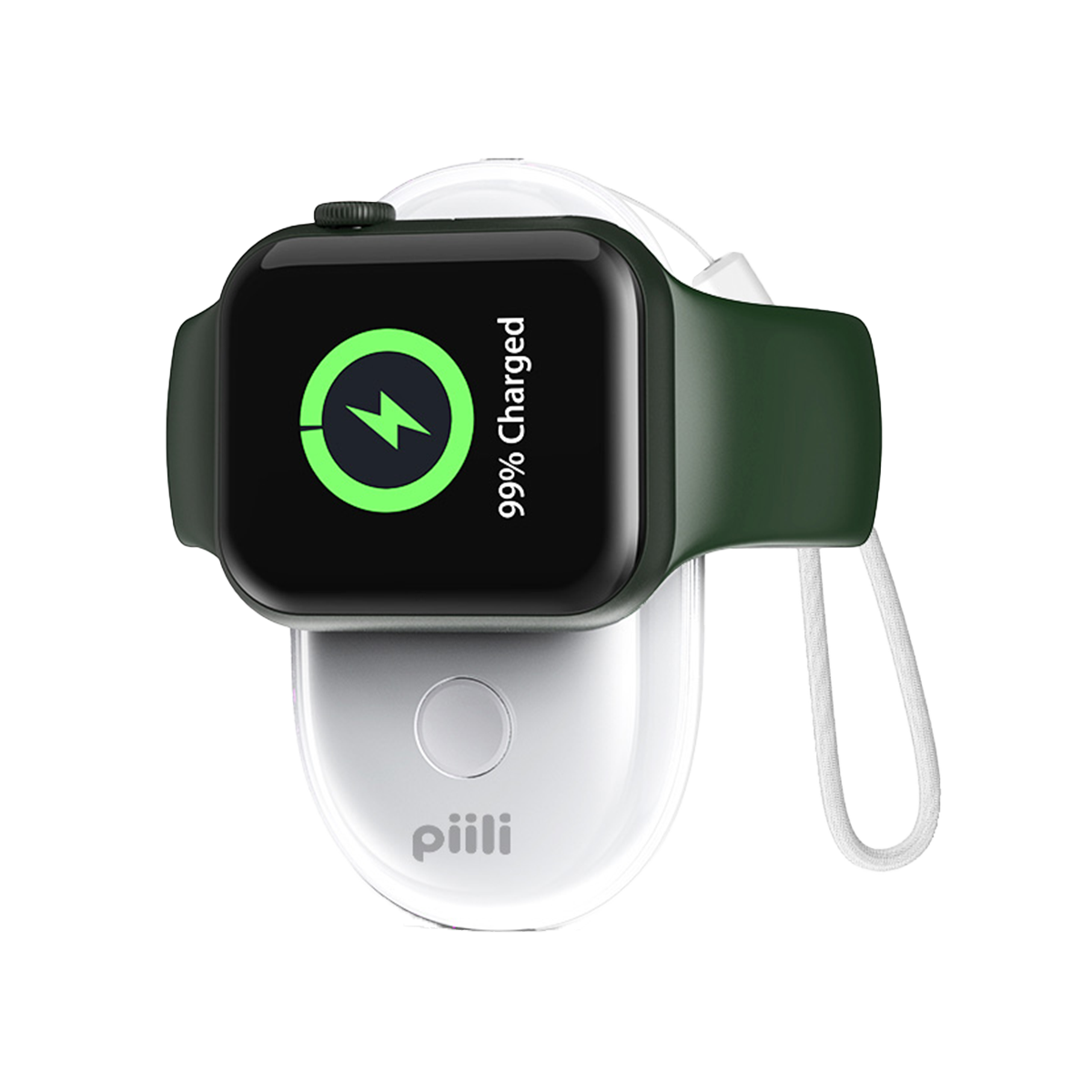Apple Watch beyaz bir şarj cihazında şarj oluyor, %99 şarj edildi. Yeşil kayış, siyah ekran, beyaz arka plan.
