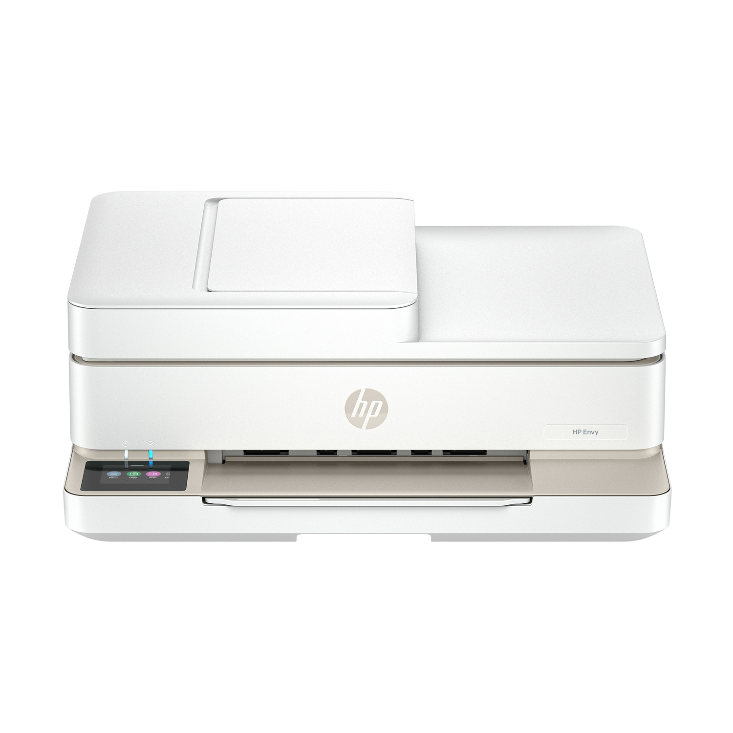 Stampante HP Envy bianca con parte superiore aperta e comandi. Base beige, parte superiore bianca. Sfondo bianco.