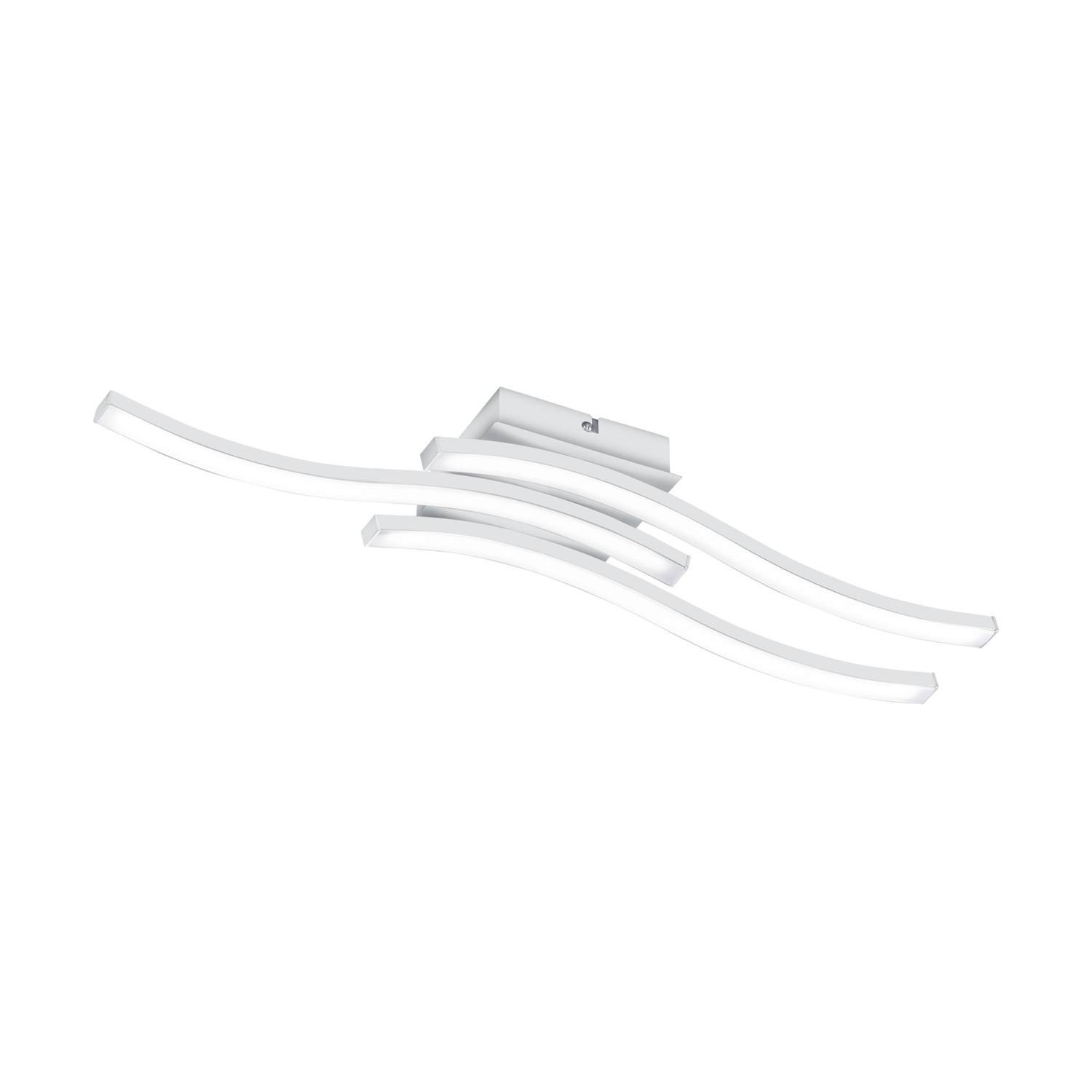 Apparecchio di illuminazione a soffitto bianco con barre curve illuminate su sfondo bianco.