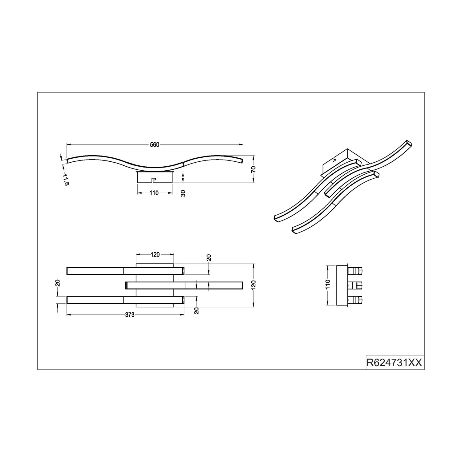 Diagramma di un apparecchio di illuminazione curvo con misure.
