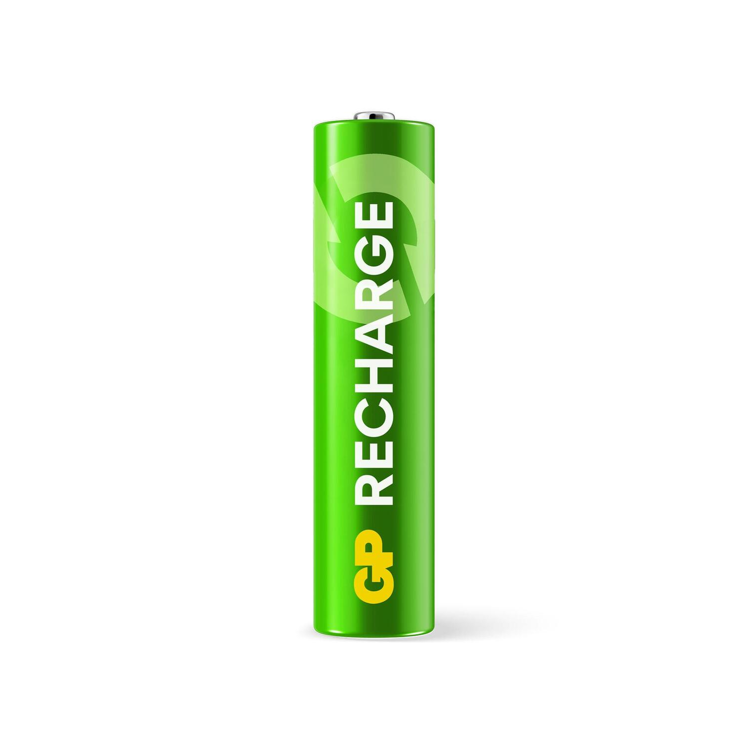 Green rechargeable battery. White background. Text: GP RECHARGE.