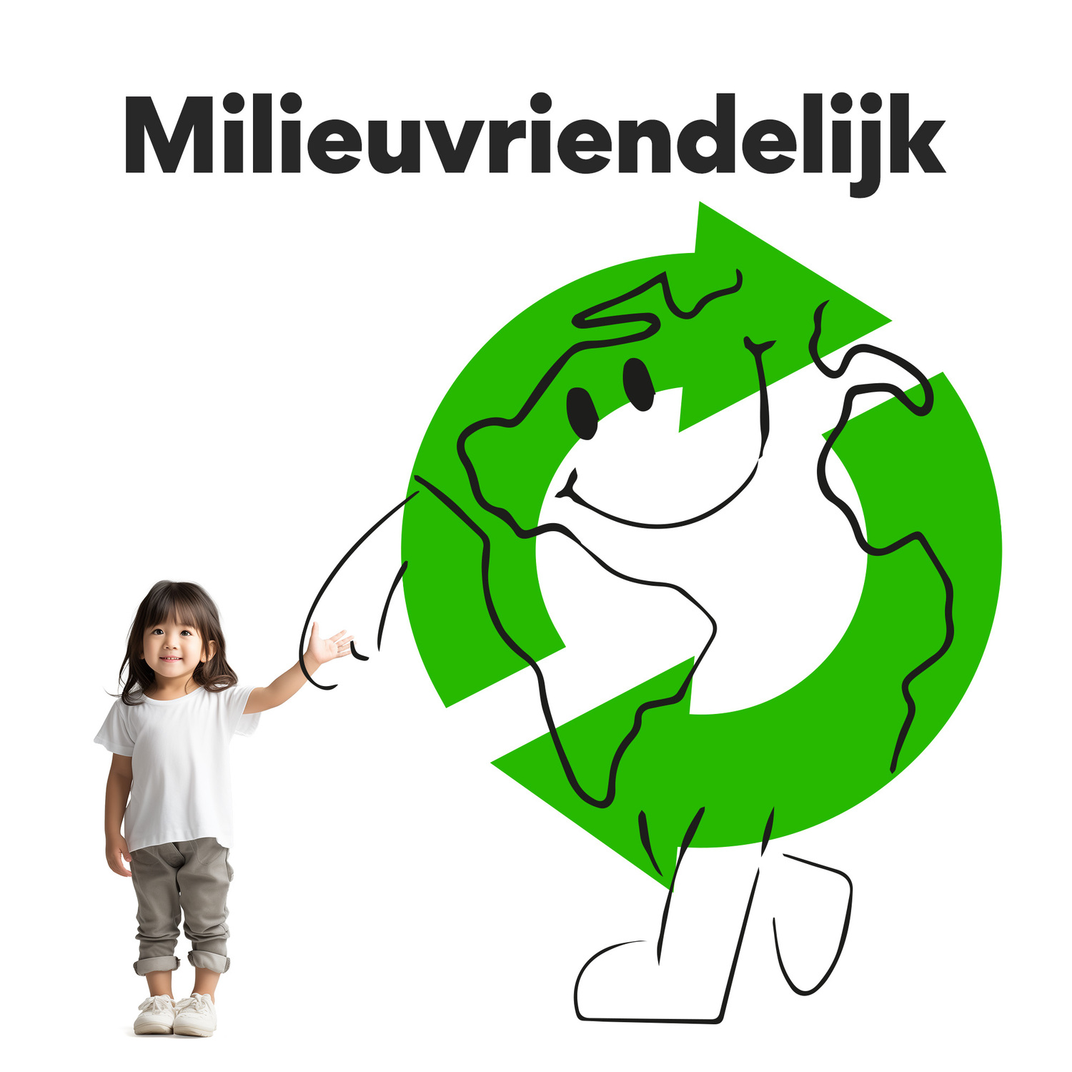 A child points to a recycling symbol. Green circle with earth outline.