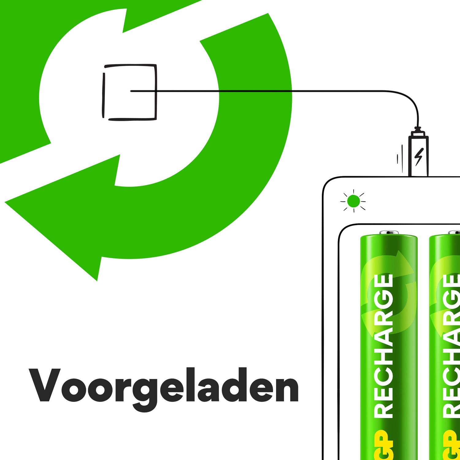 Green recycling arrow with a battery charging. Text says 'Voorgeladen'.