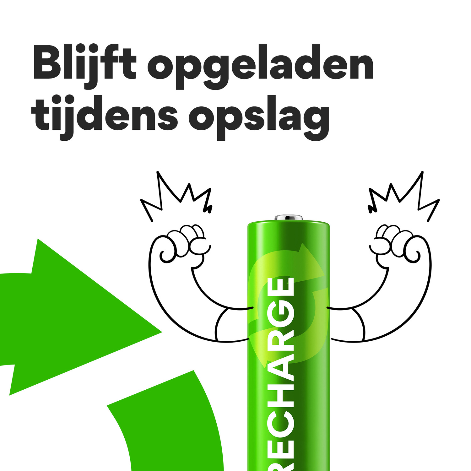 A cartoon battery with arms flexing next to a green arrow and text: 'RECHARGE'.