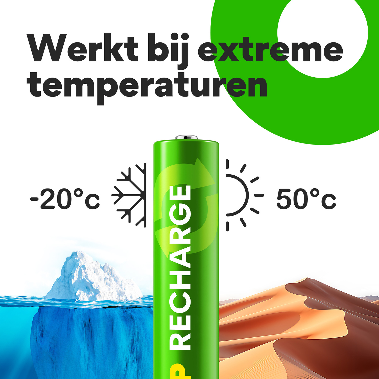Green rechargeable battery with text and visual representation of extreme temperatures.