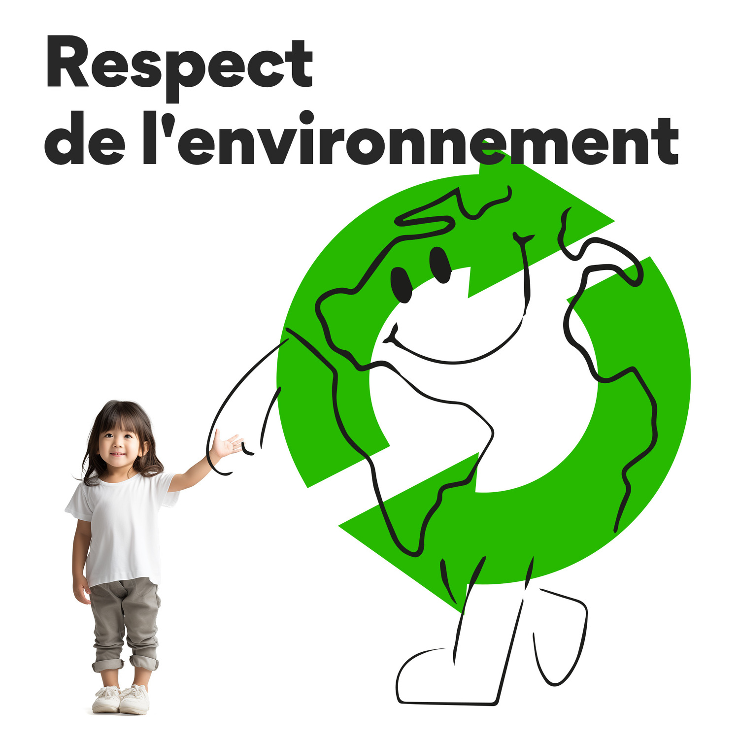 Enfant pointant un symbole de recyclage. Texte : 'Respect de l'environnement'.