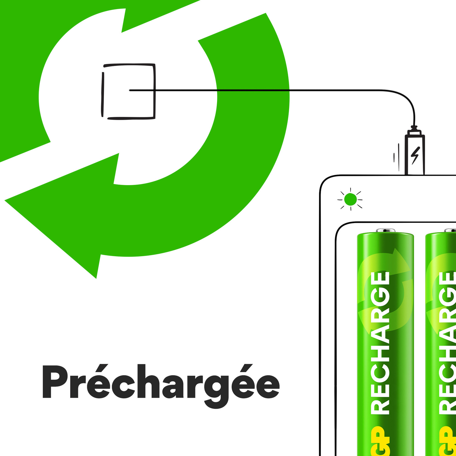 Piles rechargeables vertes avec un indicateur de charge.