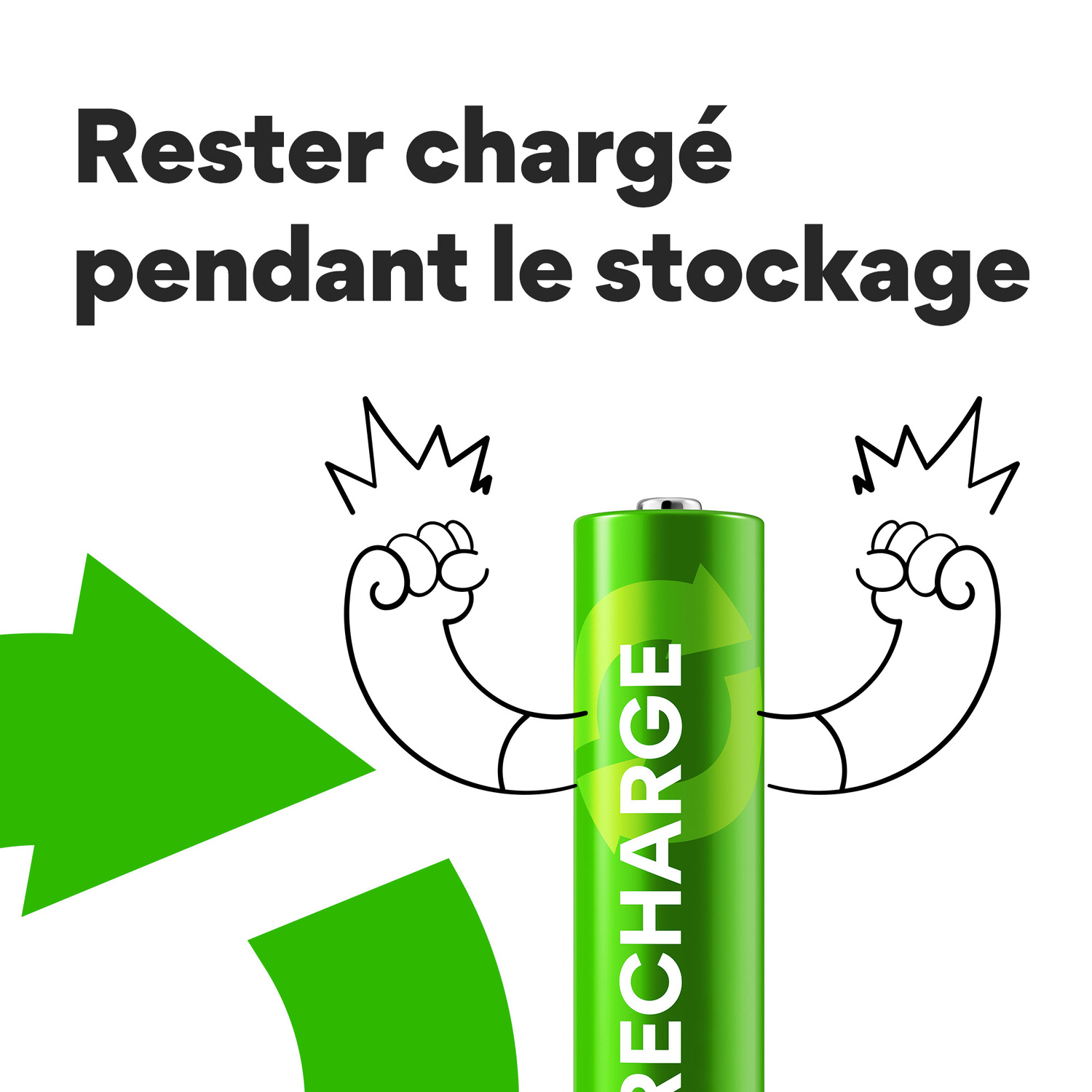Pile en pose avec bras. Flèches vertes et texte 'RECHARGE'.