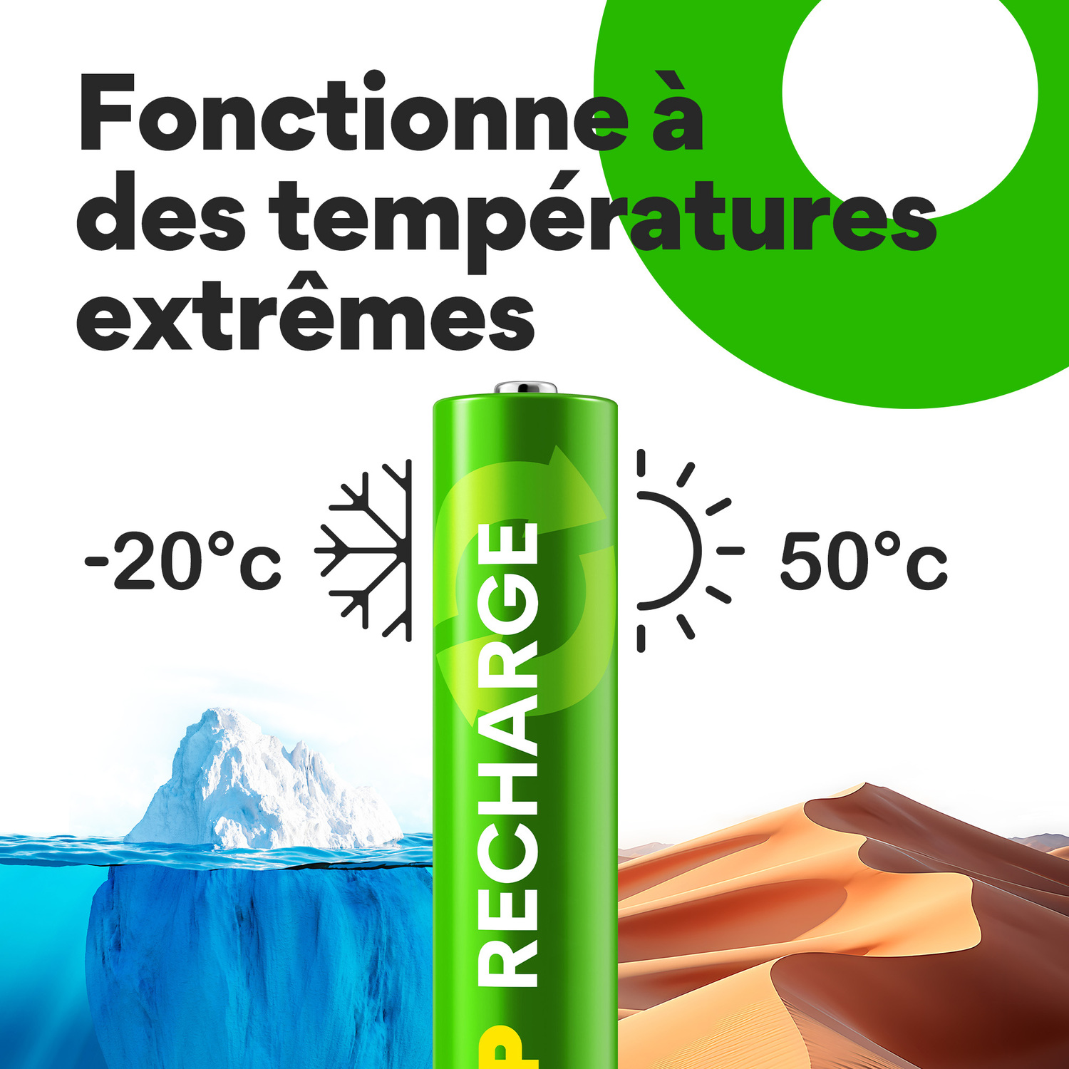 Une batterie verte avec texte de recharge et extrêmes de température.
