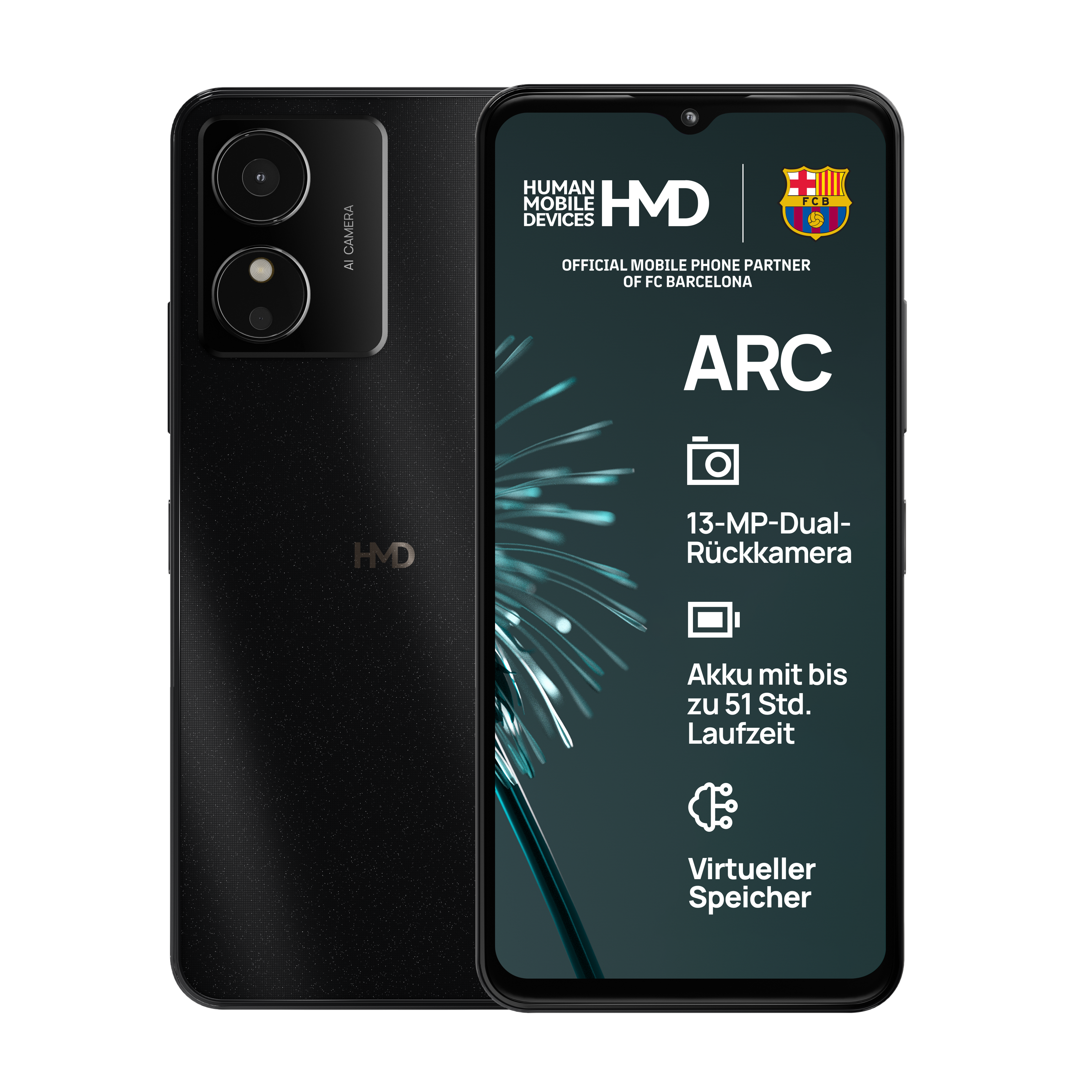 Schwarzes Smartphone mit zwei Rückkameras und einem Bildschirm mit 'ARC' und Funktionen.