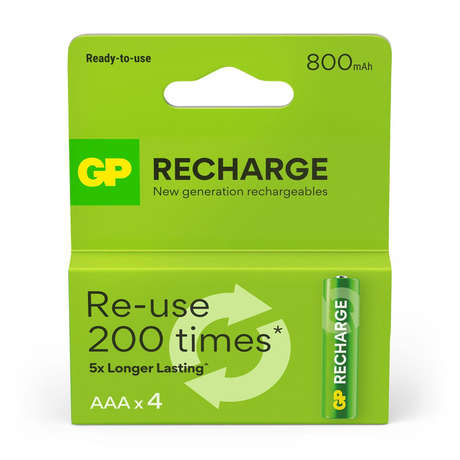Green battery pack with four batteries. Text: Re-use 200 times. AAA x 4.