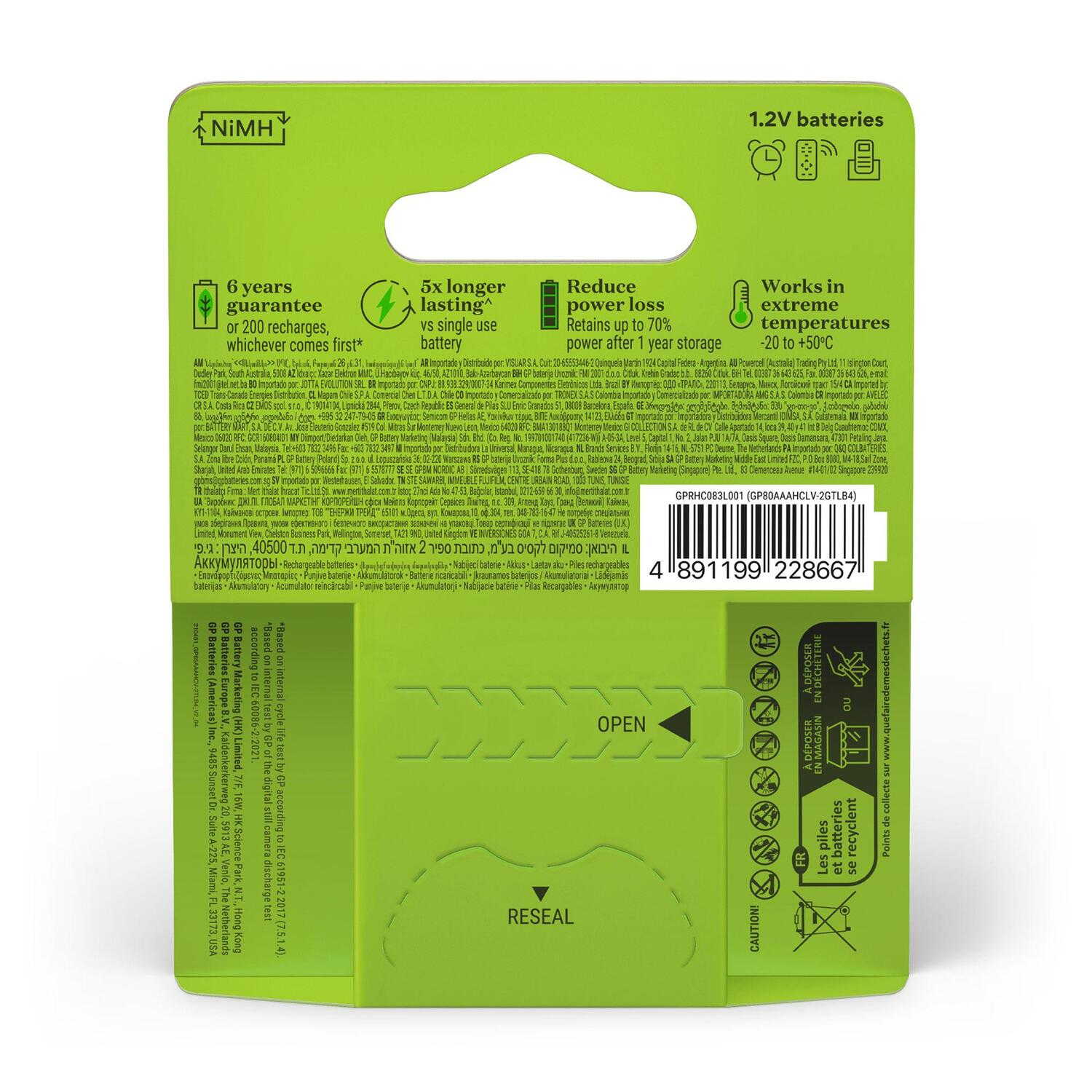 Back of a green NiMH battery pack with product information and 1.2V text.