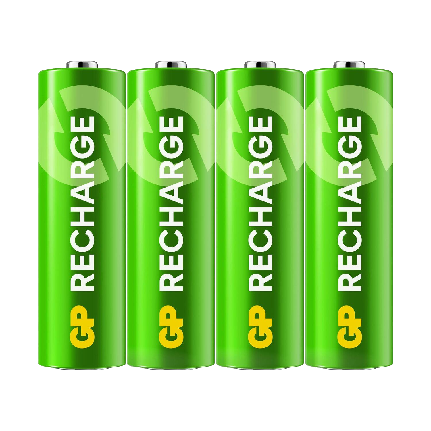 Quatre piles AA GP Recharge vertes. Les piles sont cylindriques avec le logo et la marque.