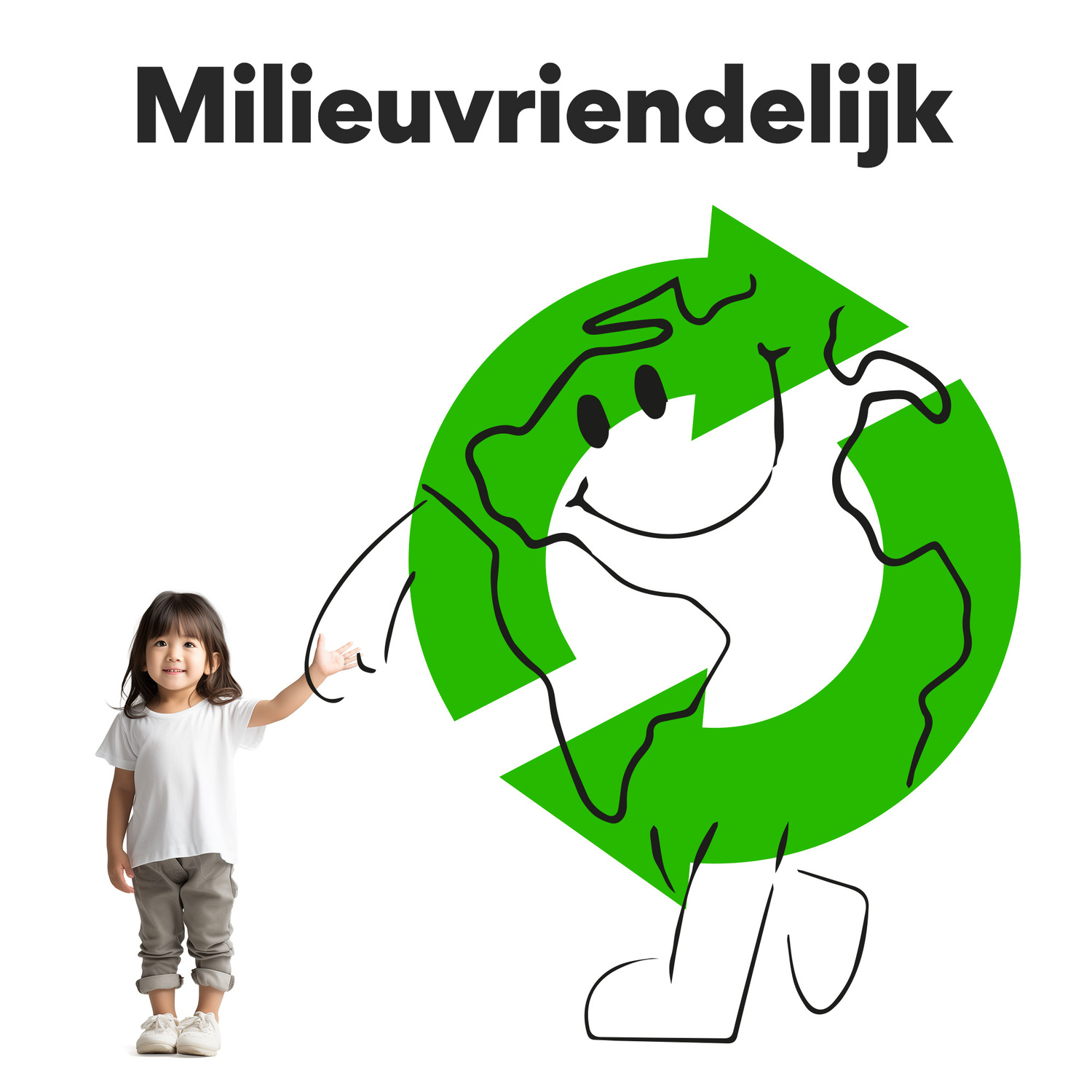 Een kind wijst naar een groen recyclinglogo.