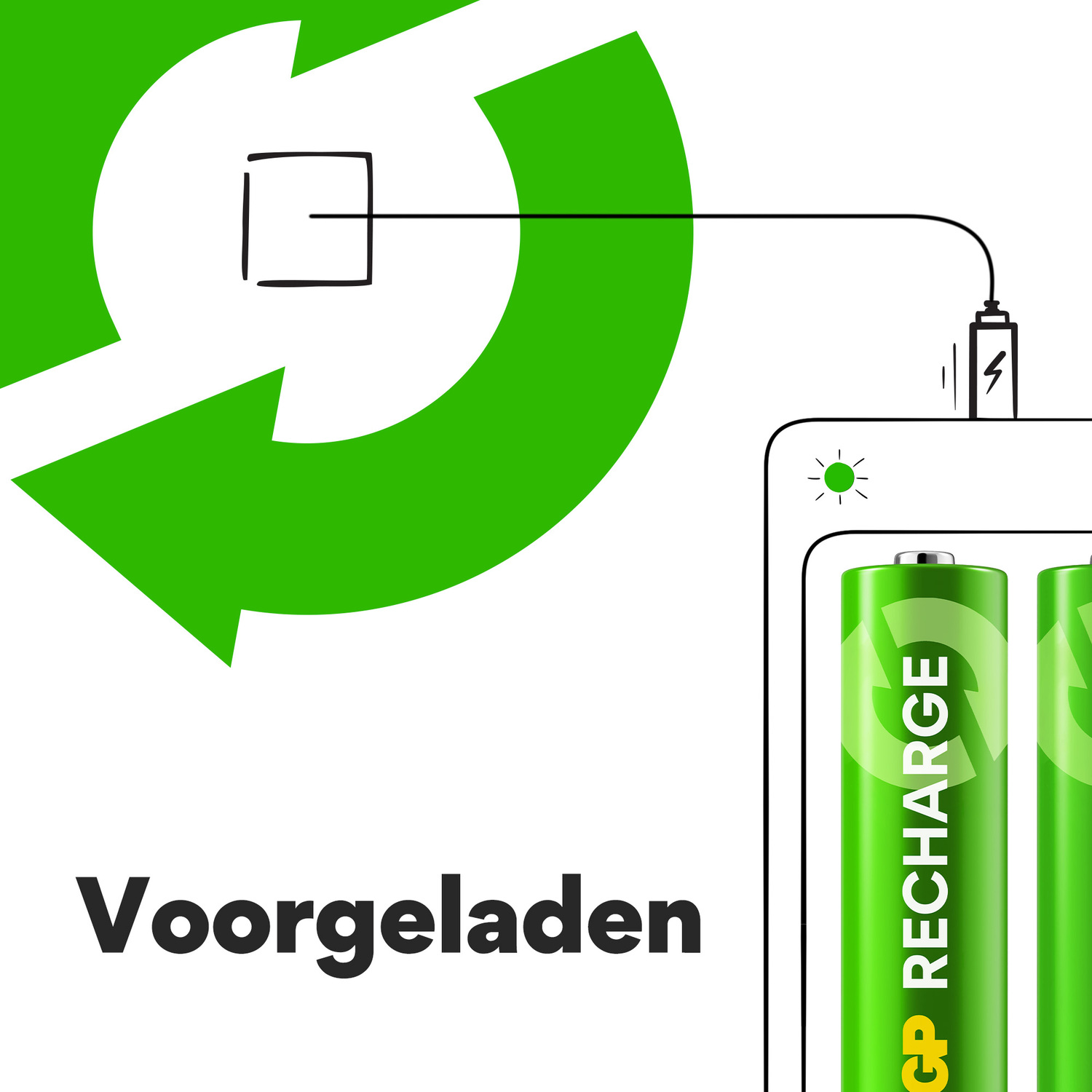 Groene oplaadbare batterijen met een oplaadsymbool en tekst.