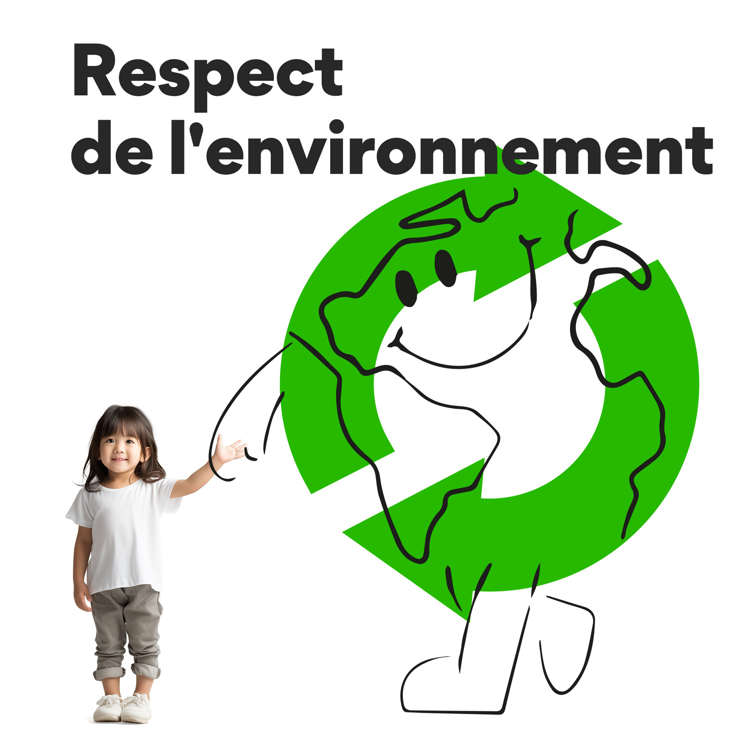 Un enfant pointe un globe avec un symbole de recyclage. Texte : "Respect de l'environnement" (respect de l'environnement).