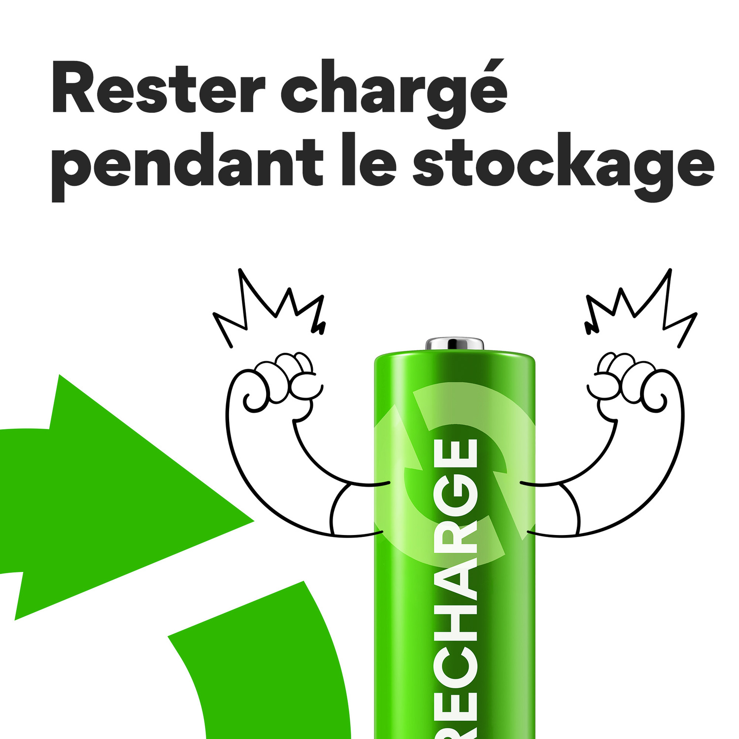 Pile verte avec "RECHARGE" et bras de dessin animé. Texte : "Rester chargé pendant le stockage" (rester chargé).