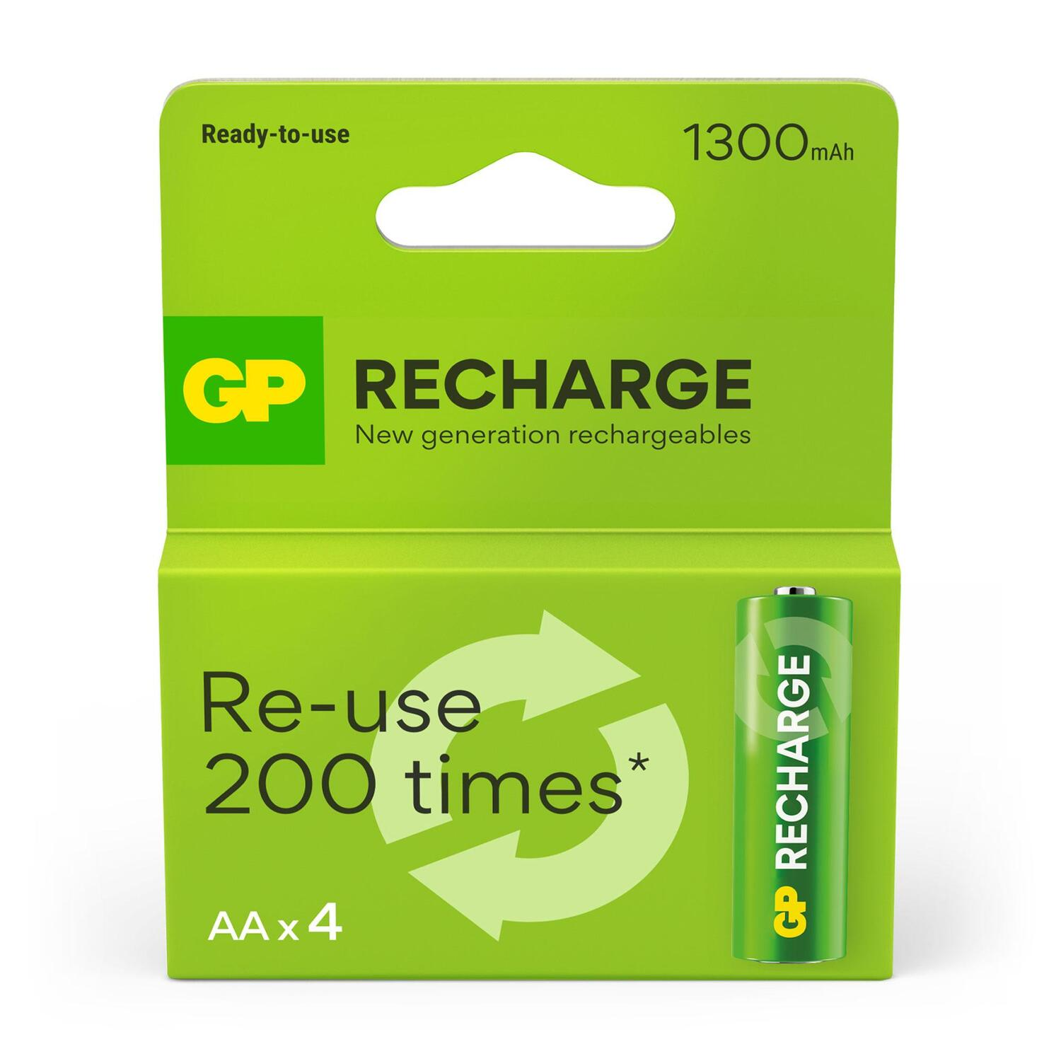 Emballage de piles vert et blanc avec piles et logo GP Recharge.