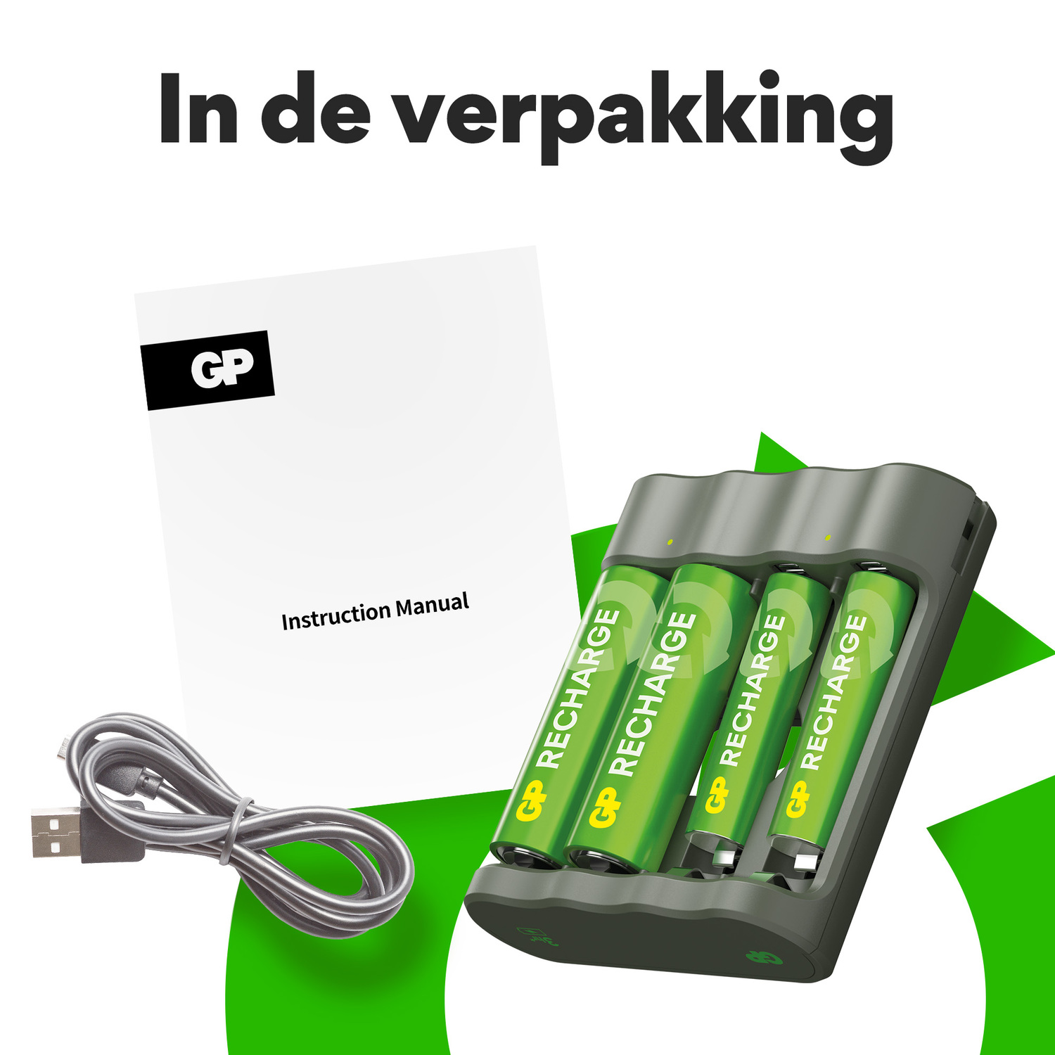 Een doos met een oplader en batterijen, en een handleiding.