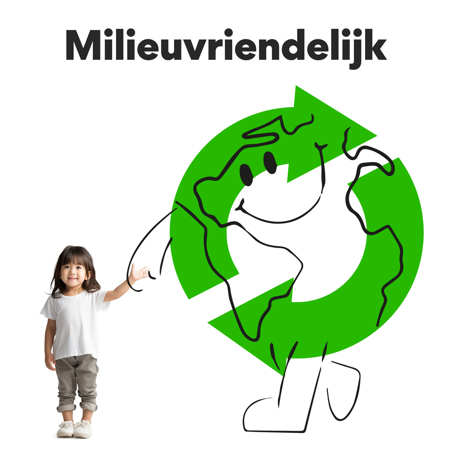 Een kind wijst naar een wereldbol met een recycle symbool. Tekst: "Milieuvriendelijk" (milieuvriendelijk).
