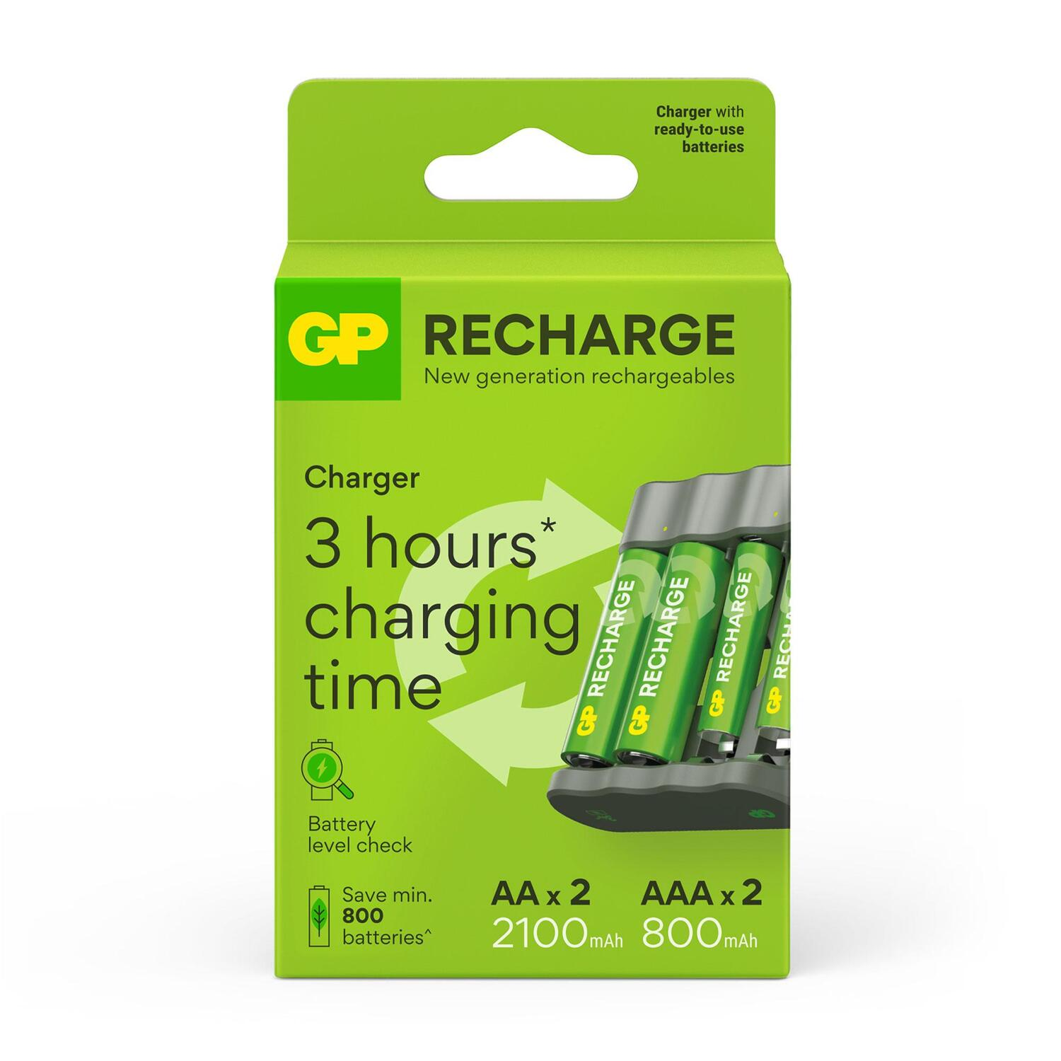 GP Recharge batterij oplader met AA en AAA batterijen.