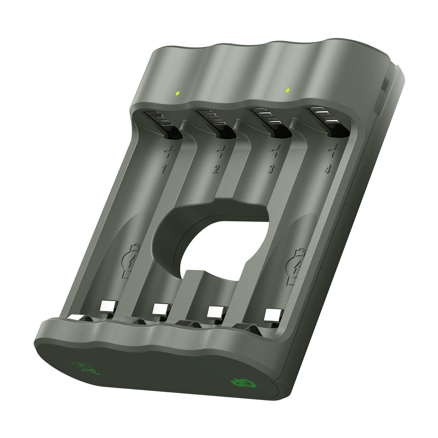 Een groene batterijlader met vier sleuven, elk gemarkeerd met een nummer en een batterijpictogram. Groene LED-lampjes bovenop.
