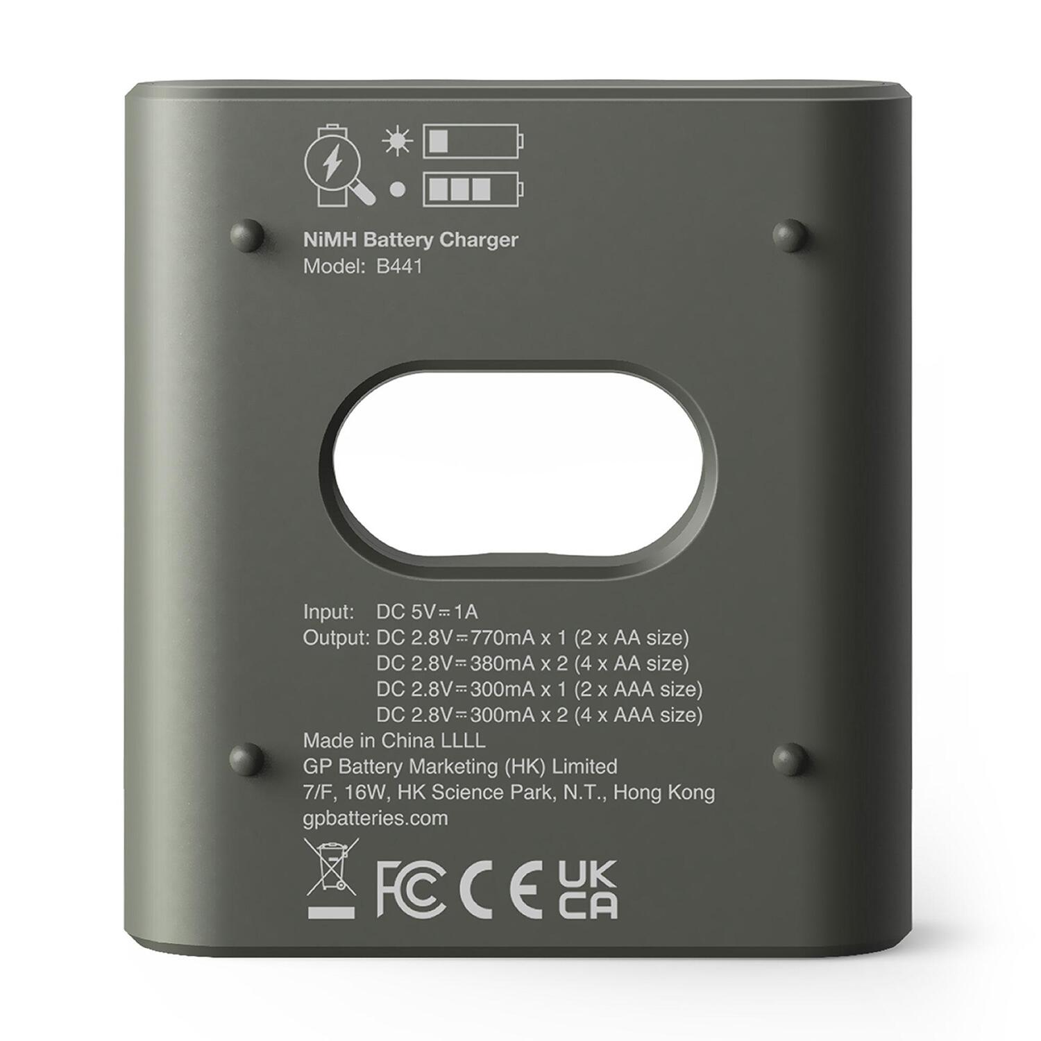Een grijze NiMH-batterijoplader met tekst en pictogrammen op een witte achtergrond.