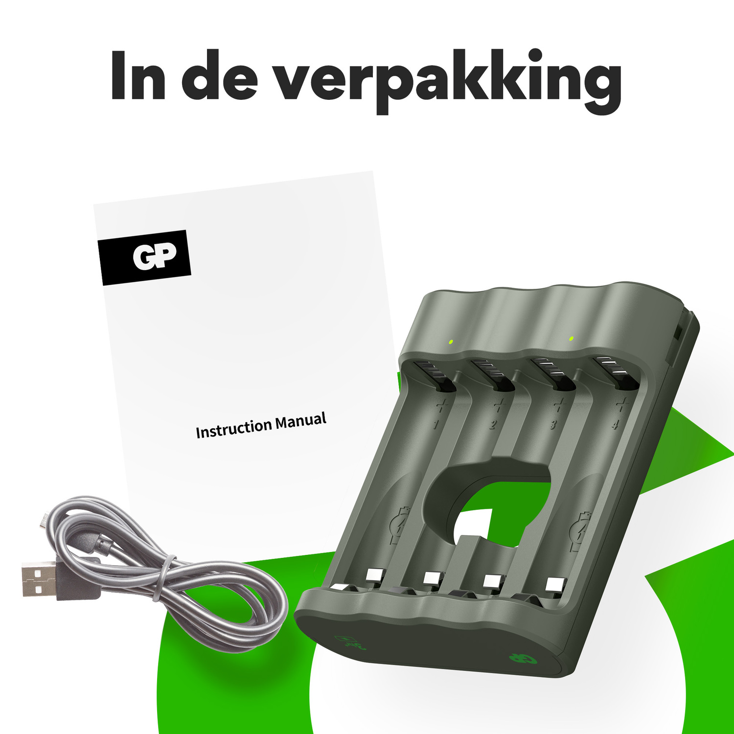 Een oplader met een netsnoer en een handleiding staat op een groen en wit oppervlak.