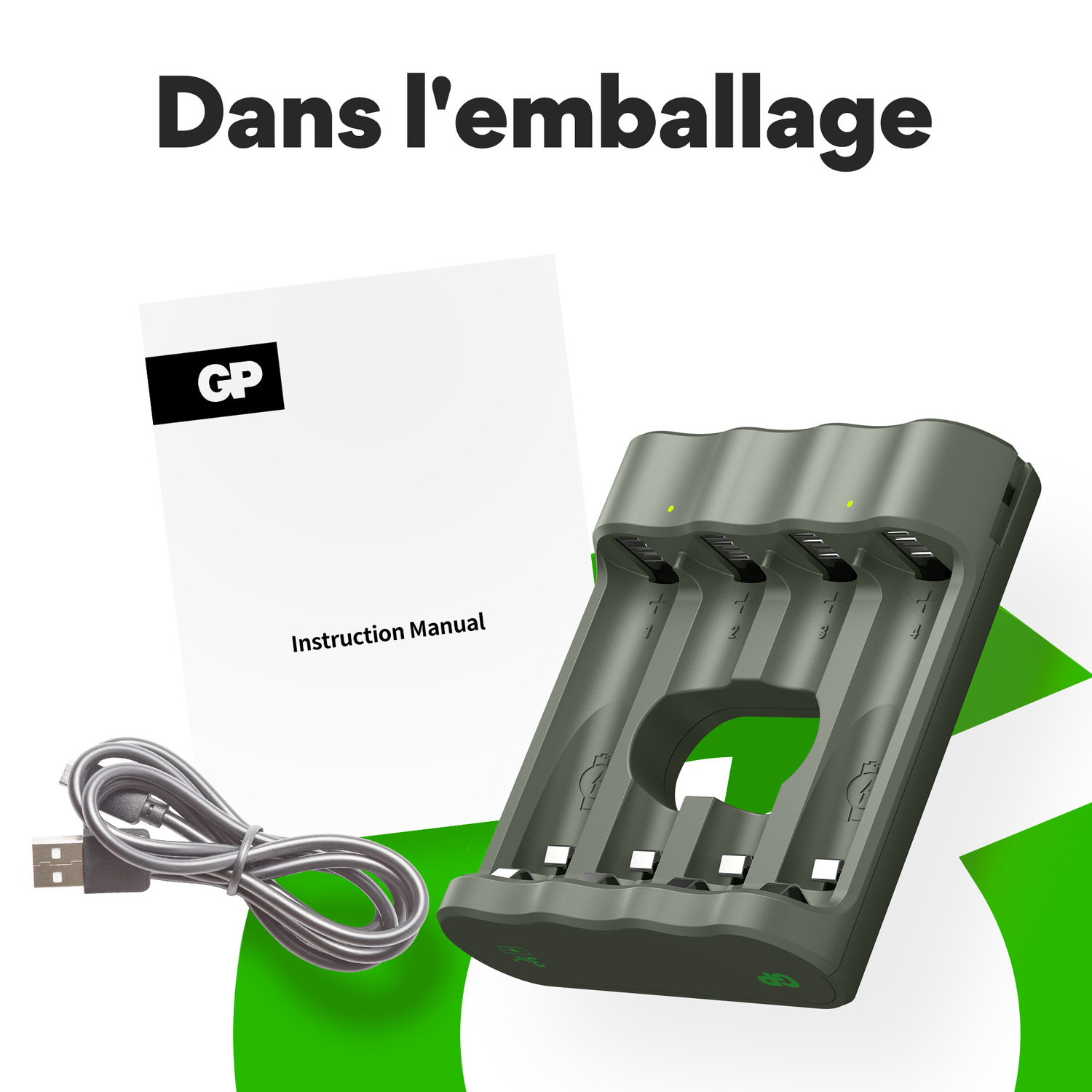 Un chargeur, un manuel d'instructions et un câble USB sont dans la boîte. Le fond est blanc.