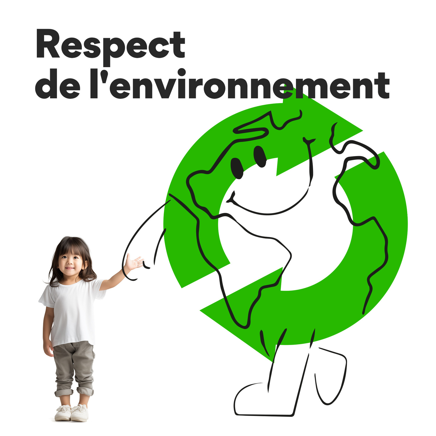 Un enfant avec un symbole de recyclage. Le texte dit 'Respect de l'environnement'.