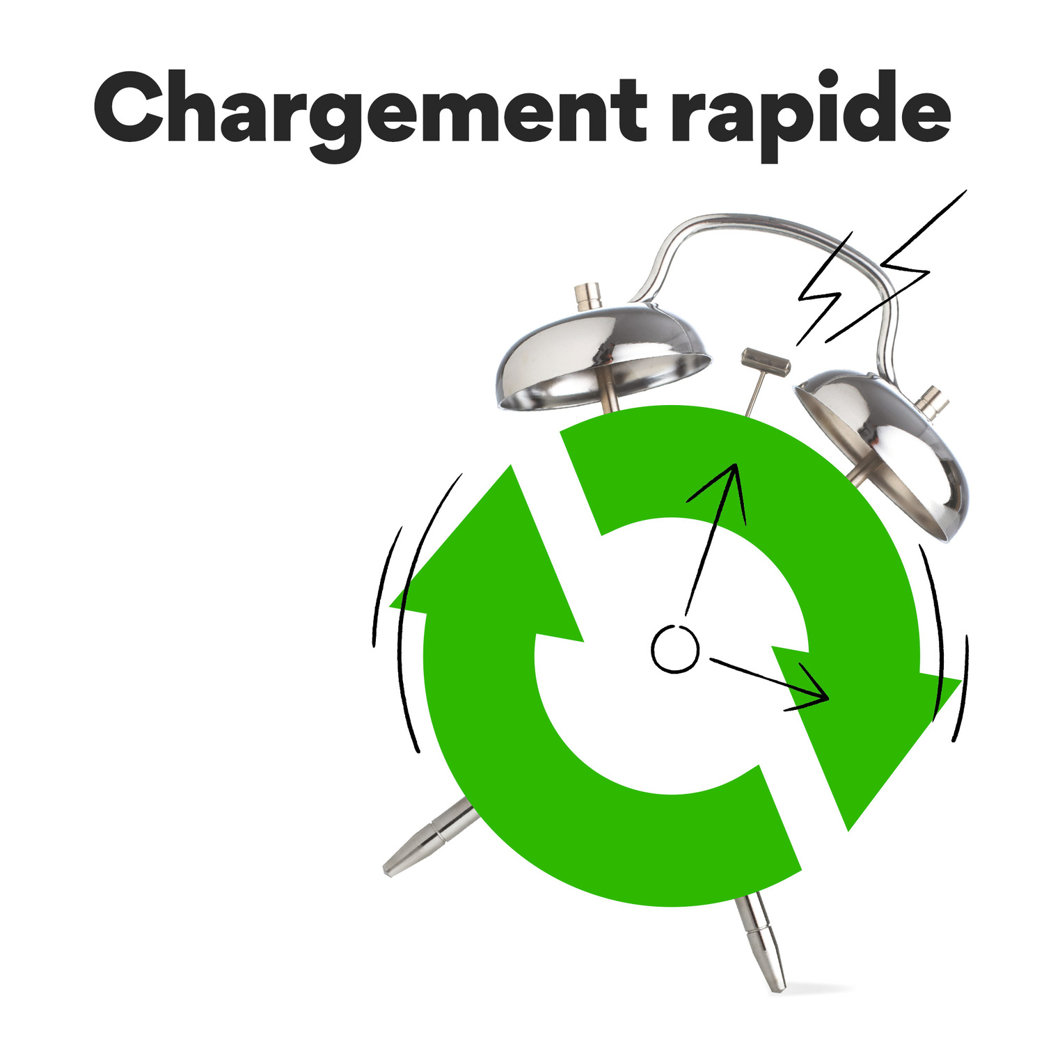 Réveil avec des flèches vertes, représentant la charge rapide sur fond blanc.