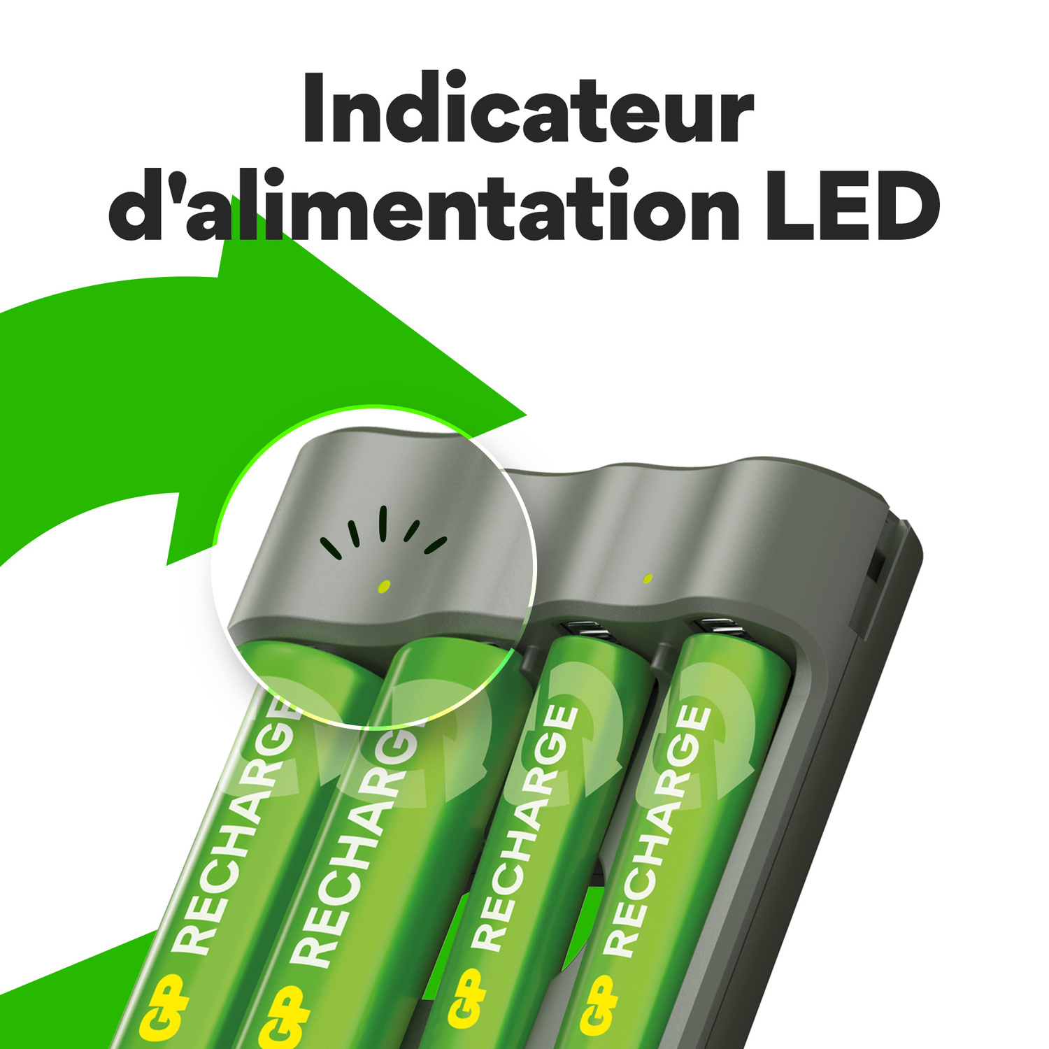 Un chargeur avec des piles et des voyants LED.