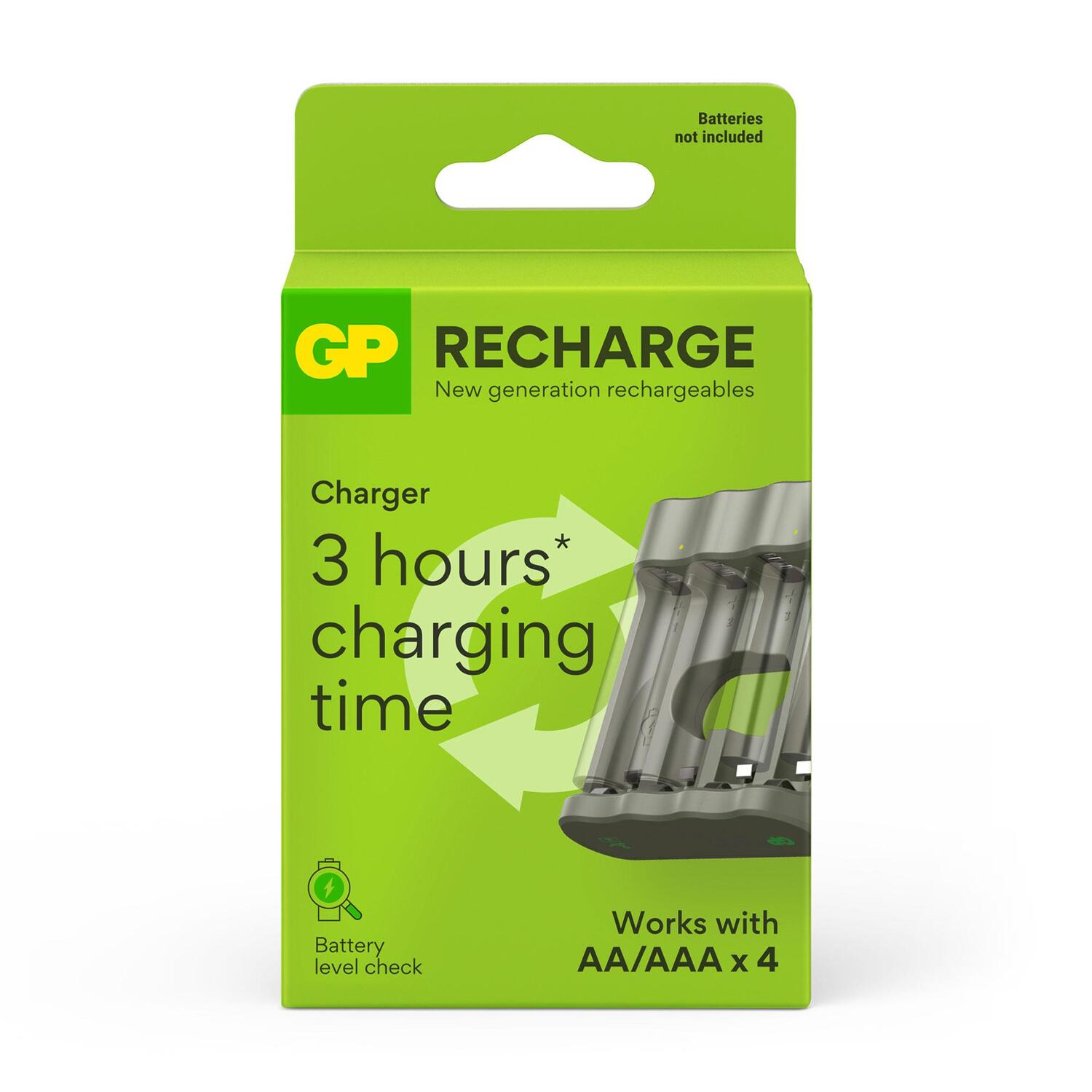 Een groene acculaderdoos met een oplader en batterijen. Tekst: Batterijen niet inbegrepen.