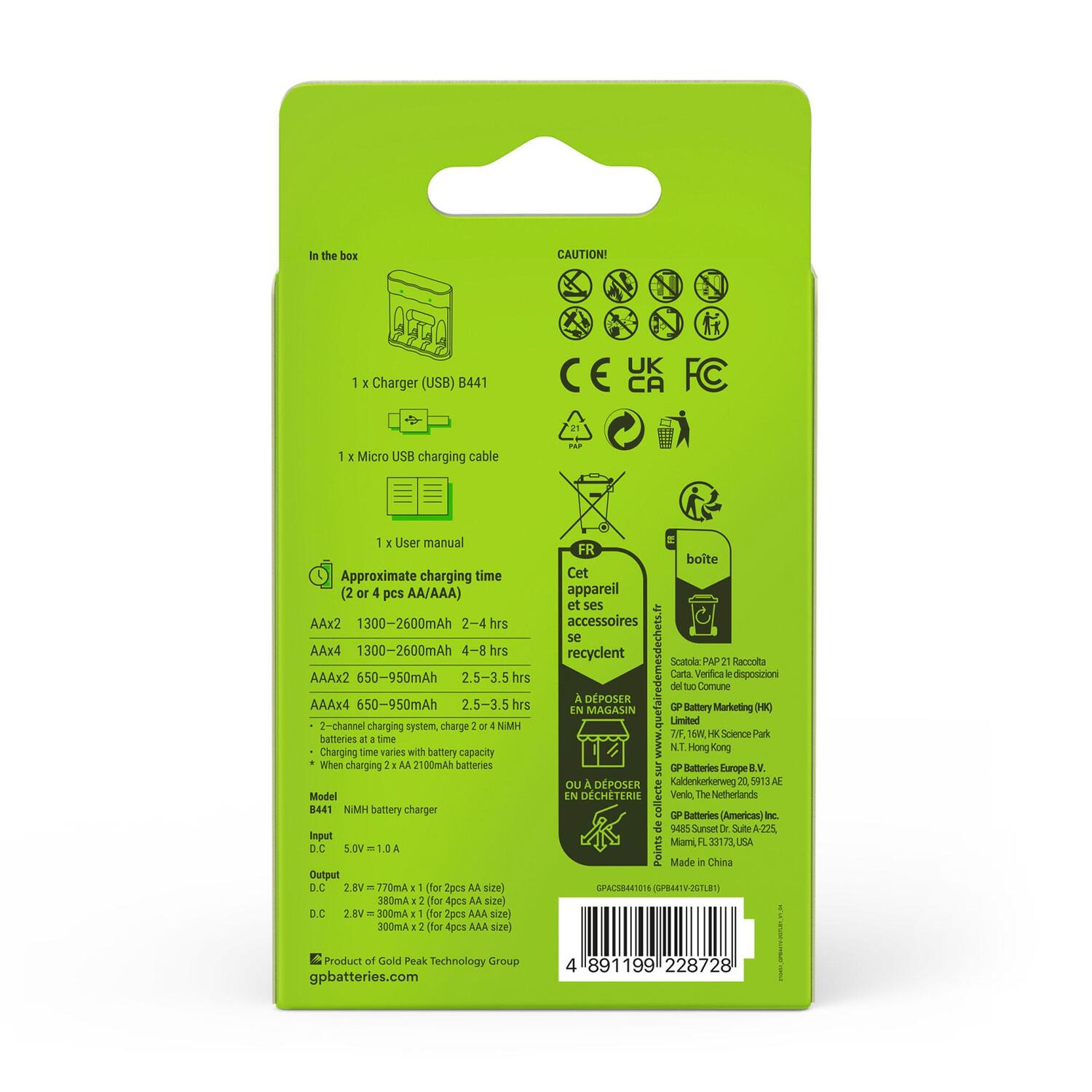 Groene en witte verpakking van de batterijoplader met tekst en symbolen.