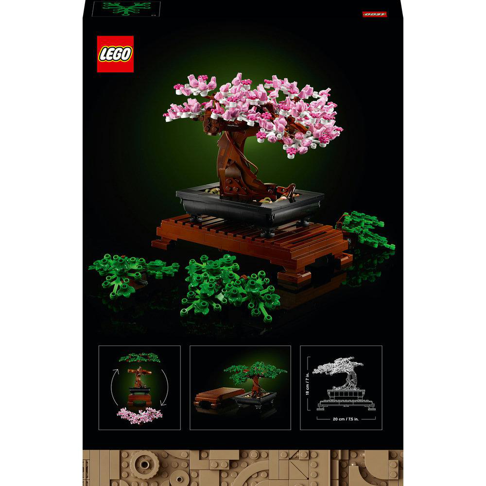 Ein Lego Bonsai-Baum-Set vor schwarzem Hintergrund, mit Anweisungen.