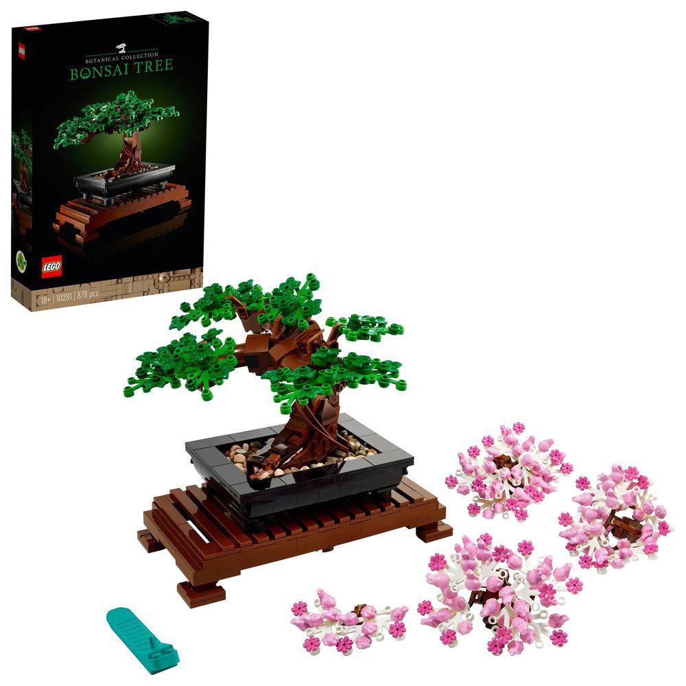Lego Bonsai Baum Set. Beinhaltet einen Bonsai-Baum, einen schwarzen Topf, einen Holzständer und rosa Blumen.