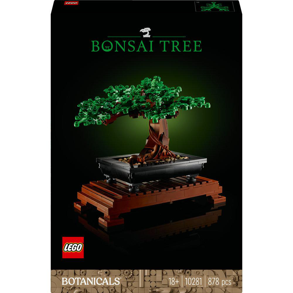 Ein Lego Bonsai-Baum-Set in einer dunklen Studio-Umgebung mit schwarzem Hintergrund.