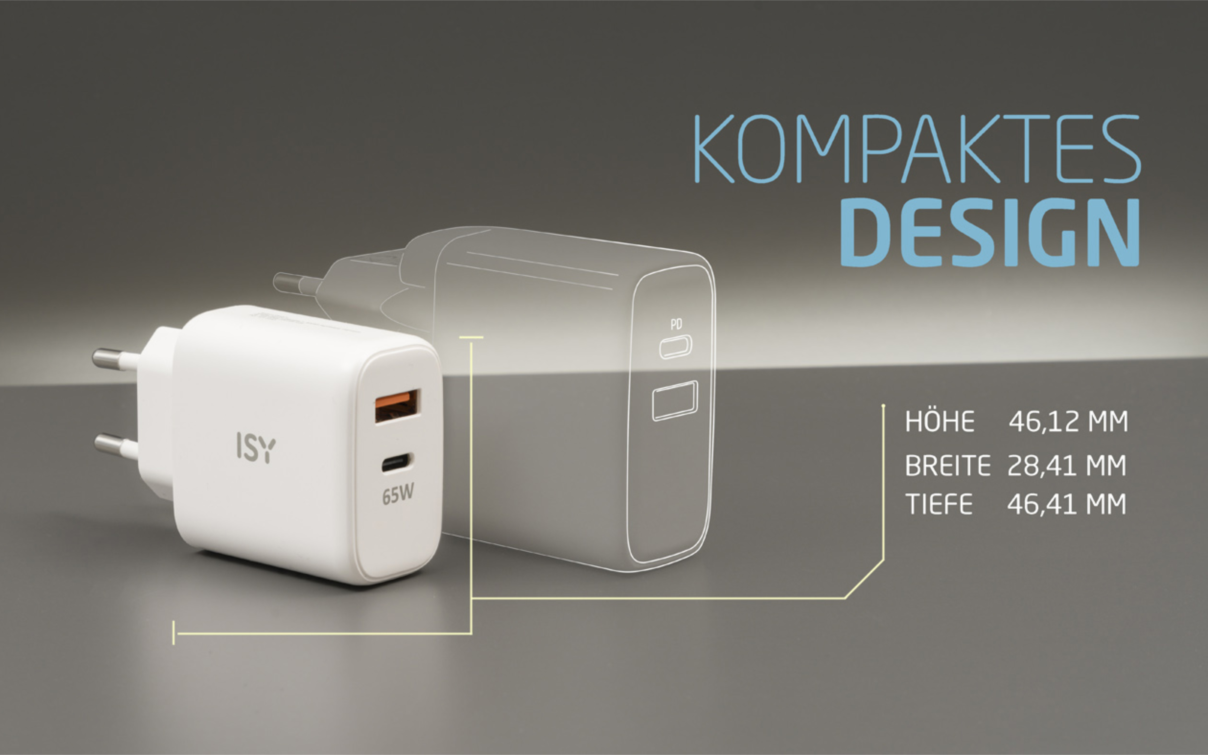 Weißes und graues Netzteil mit Maßangaben. Text: 'KOMPAKTES DESIGN'. Grauer Hintergrund mit weißem Text.