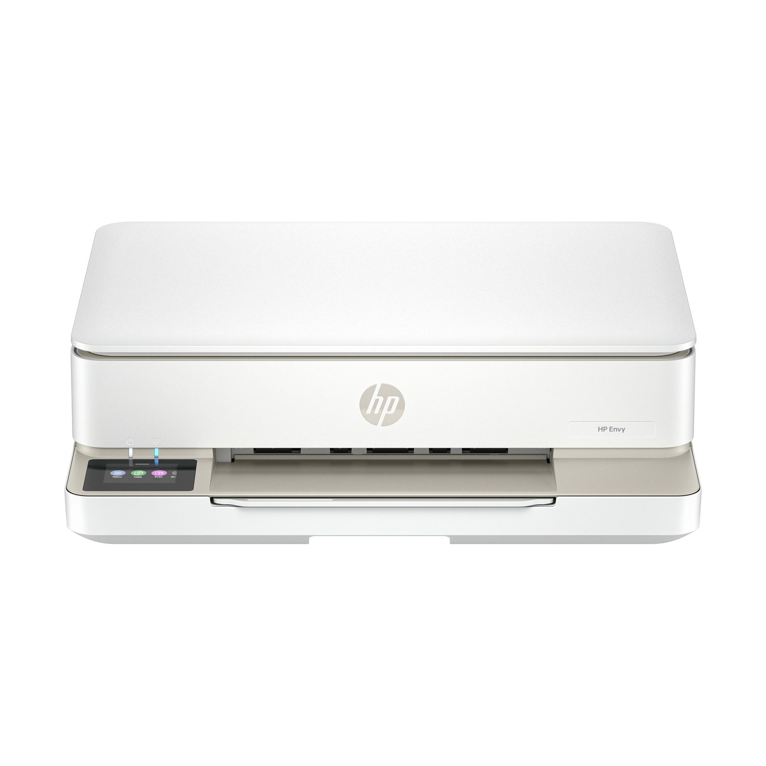 Una stampante HP Envy bianca e beige, vista frontalmente, su sfondo bianco.