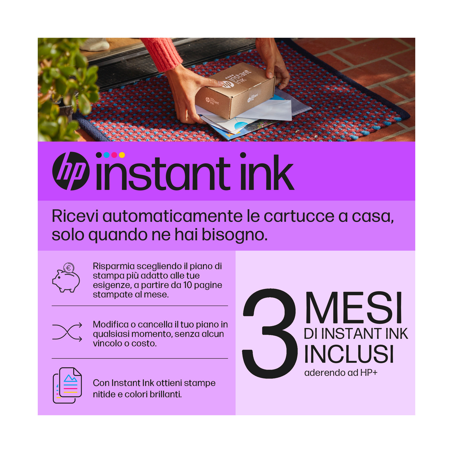 Un cartello su HP instant ink. Mostra una scatola, un maiale, una freccia e del testo.