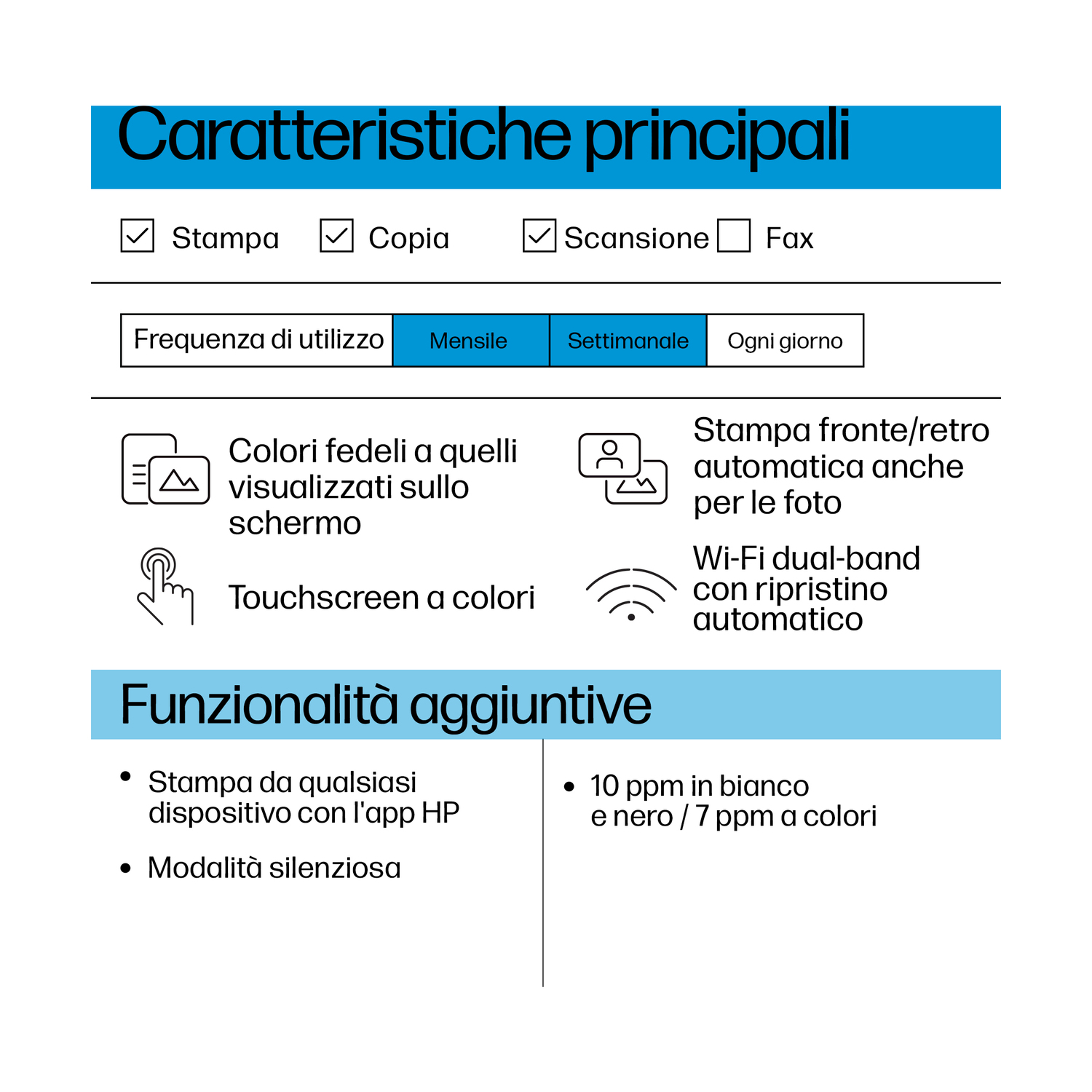 Documento stampato con funzioni come stampa, copia, scansione e fax.