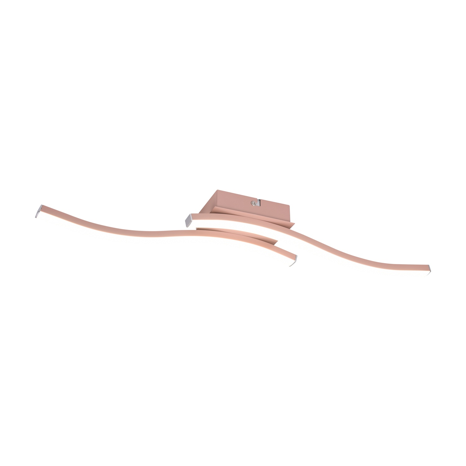 Lampada da soffitto moderna color oro rosa con barre luminose curve, sfondo bianco.