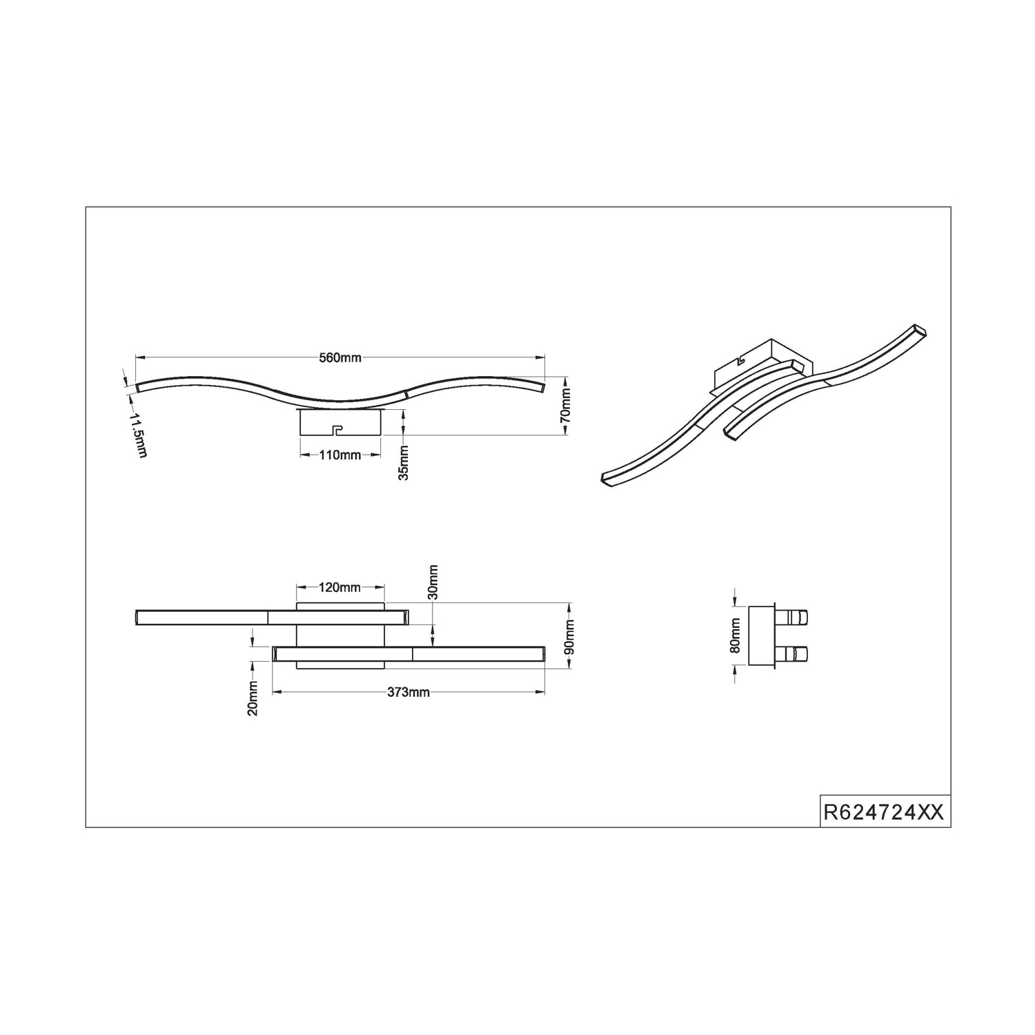 Diagramma tecnico di una luce LED curva, con misure.
