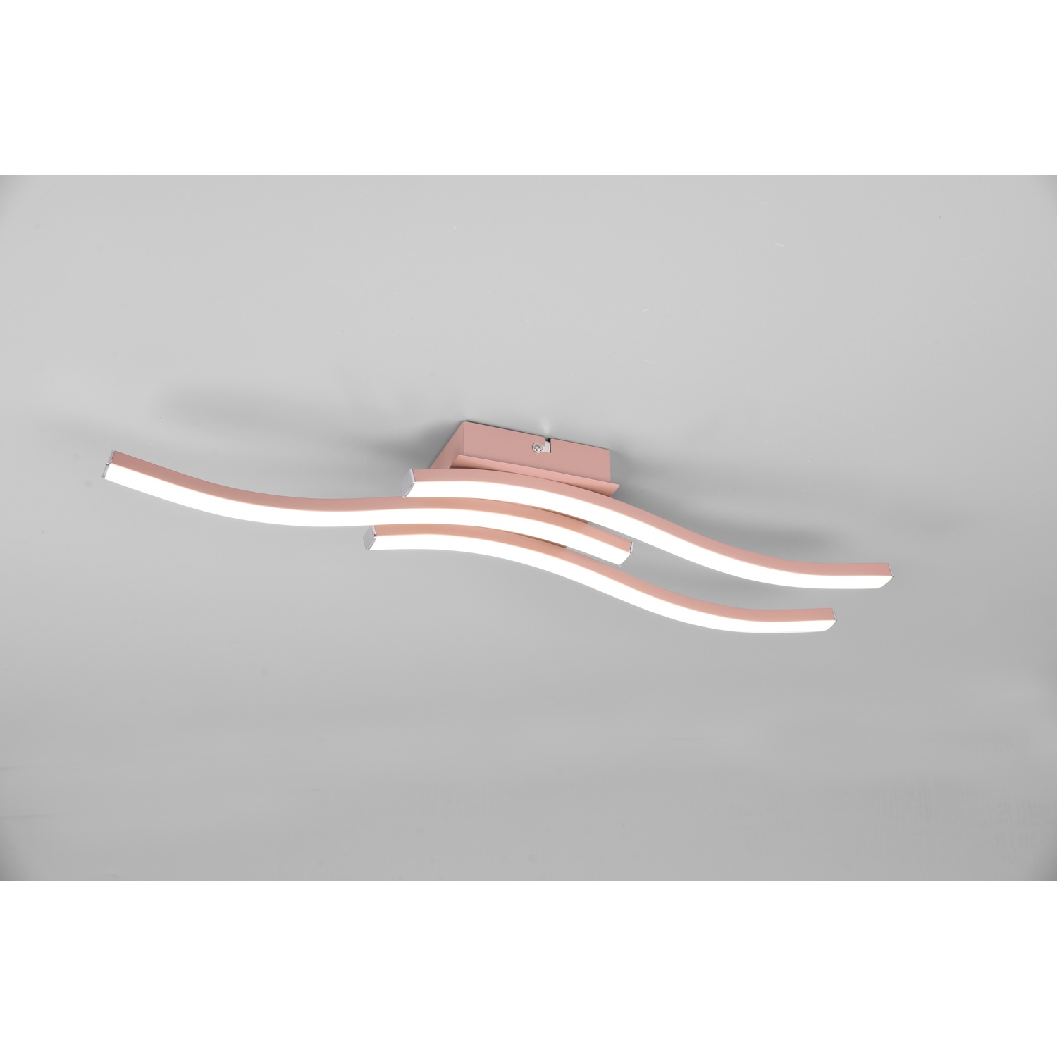Lampada da parete moderna rosa e bianca su sfondo grigio. Le barre luminose sono curve.