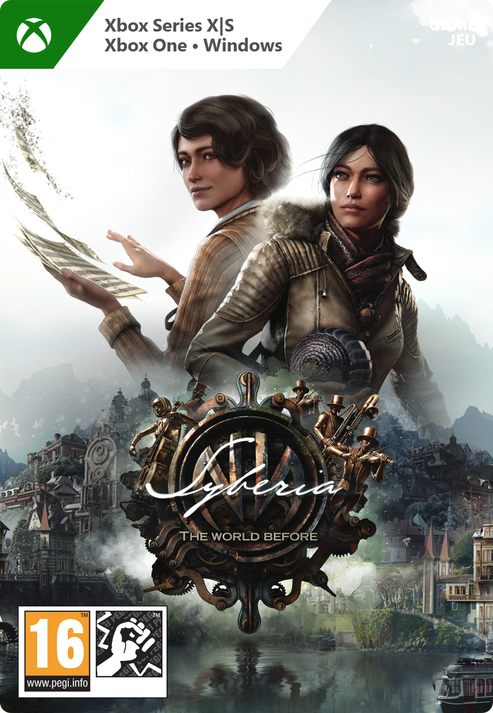 Video game box art. Two women, cityscape, title: Syberia: The World Before. Xbox Series X|S label.