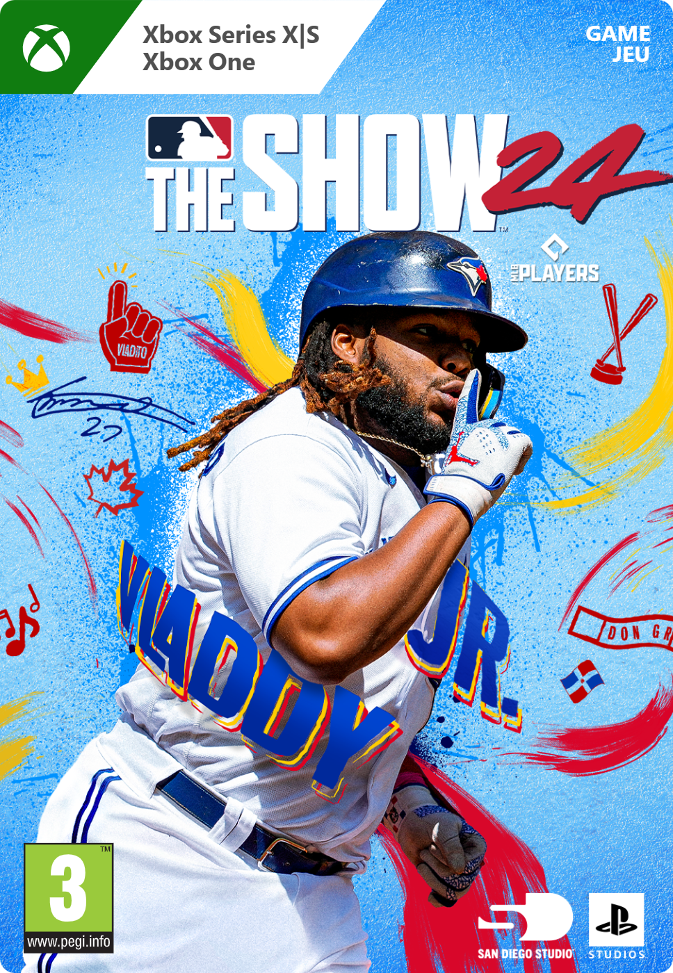 The Show 24 game cover. A baseball player in uniform. Blue background with game logos.