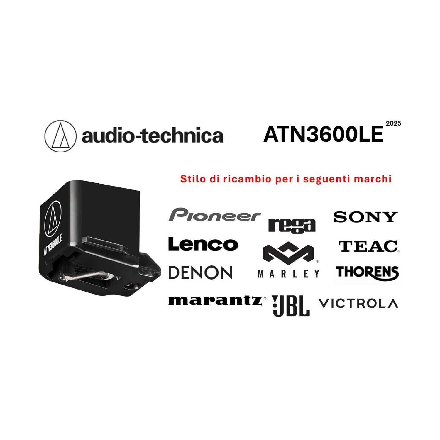 Stilo nero con logo Audio-Technica e marchi: Pioneer, Sony e altri.