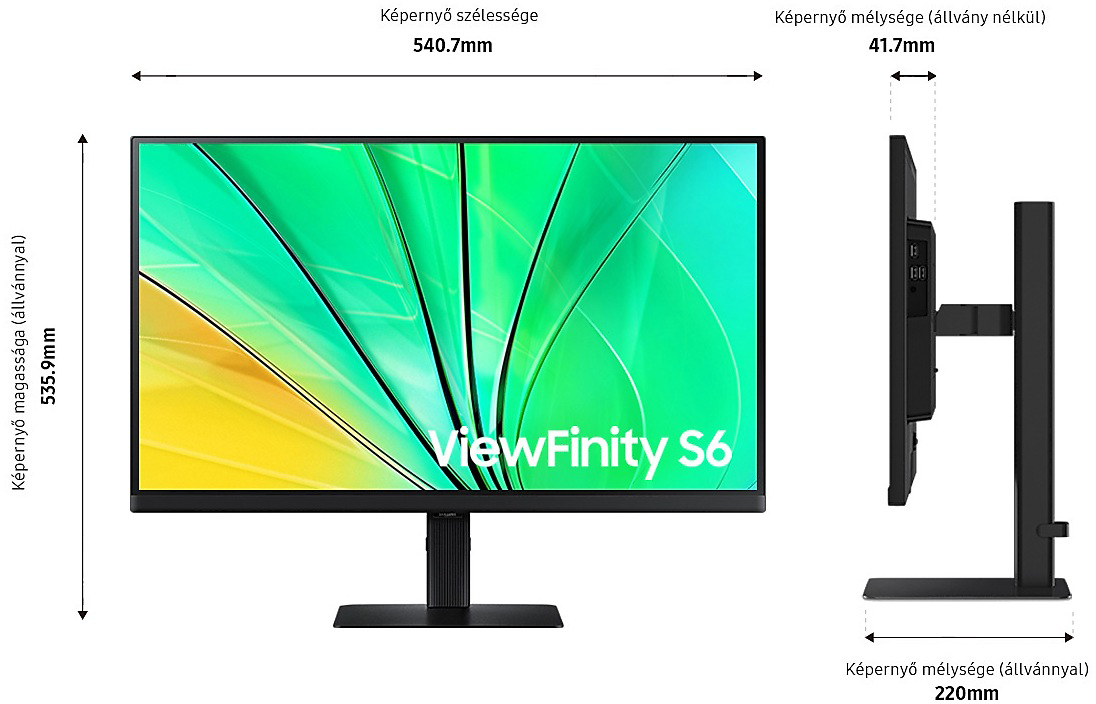 Számítógép monitor, amely mm-ben mutatja a méreteket, a ViewFinity S6 logóval.