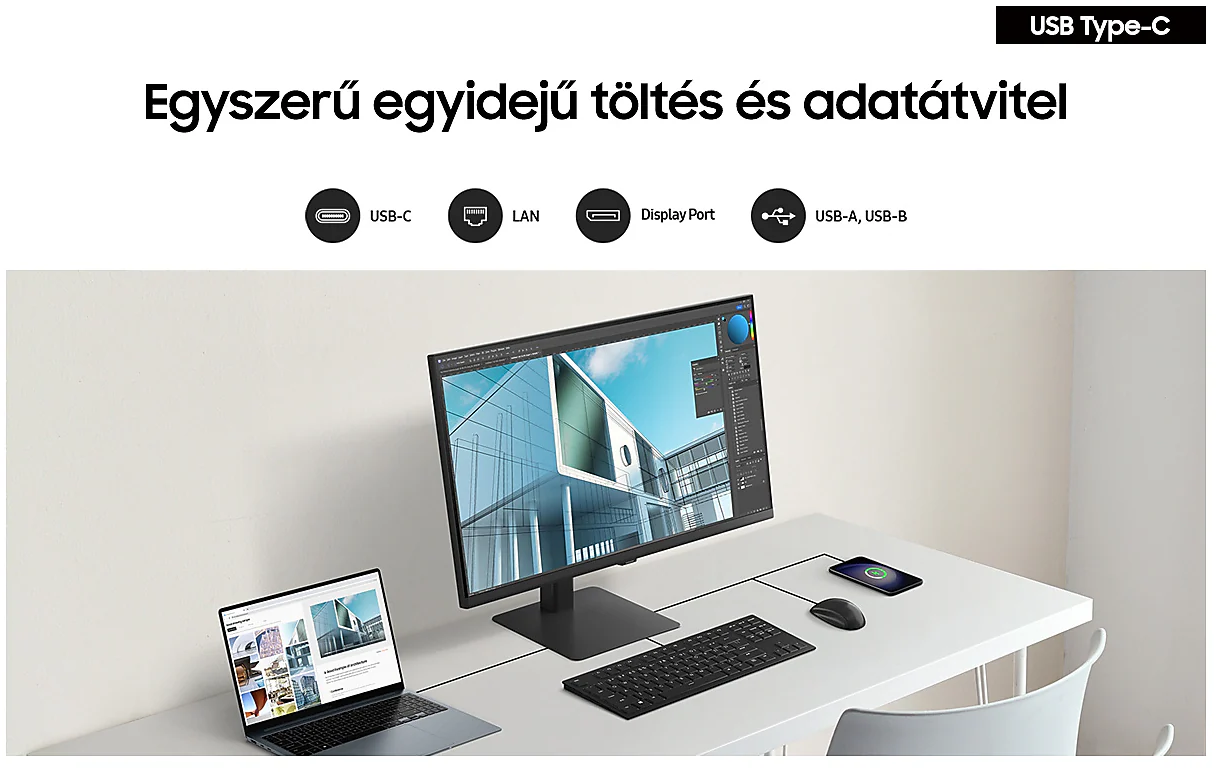 Monitor és laptop csatlakoztatva, USB-C-t és más porttípusokat mutatva, fehér asztalon.