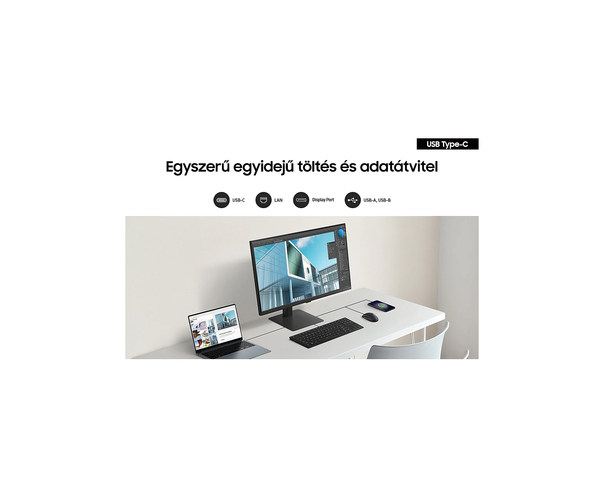 Asztali beállítás laptop, monitor, billentyűzet, egér és USB-C portok jelzésével.